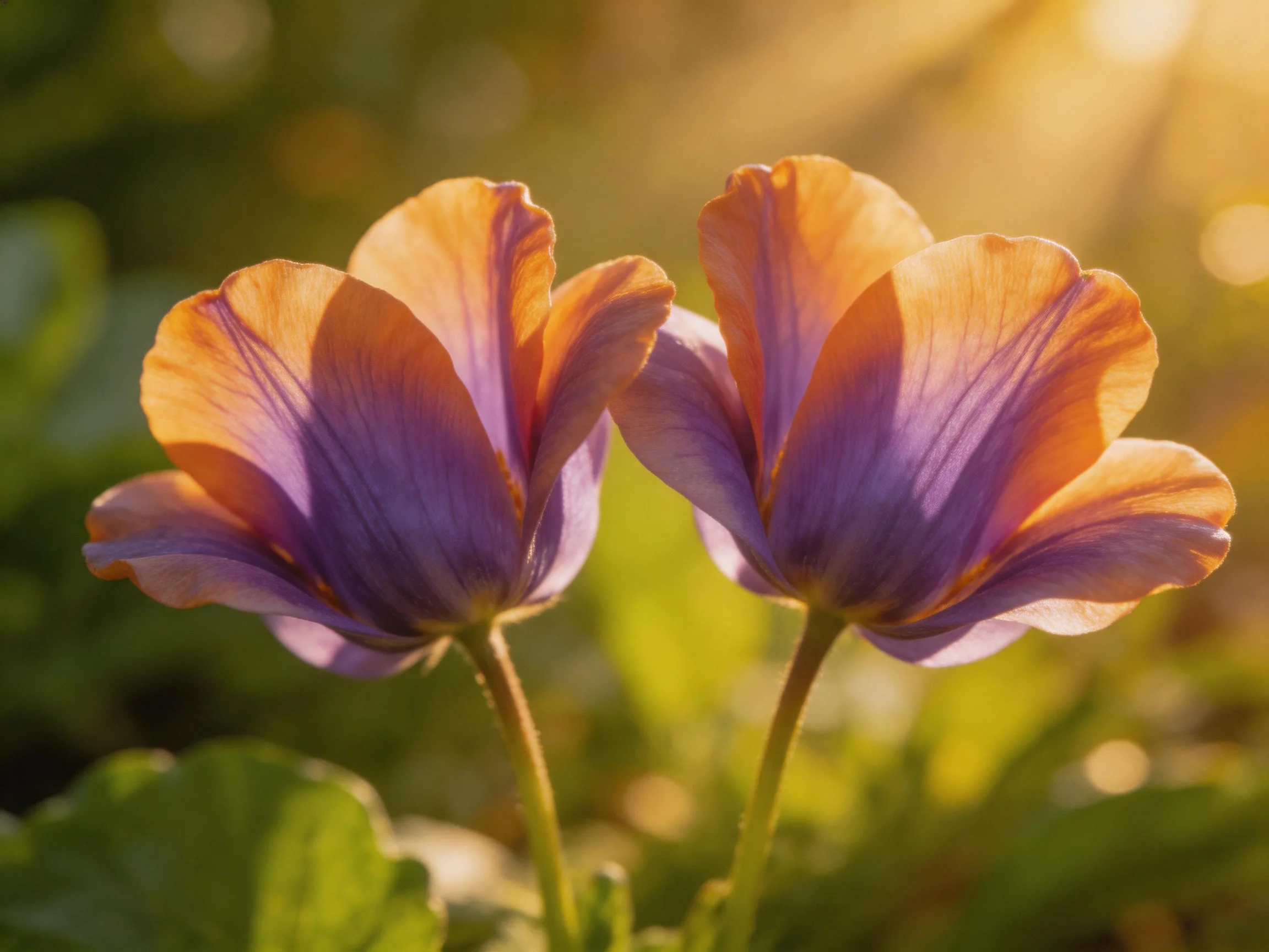 Two vibrant purple and orange blooms bathed in golden sunlight
