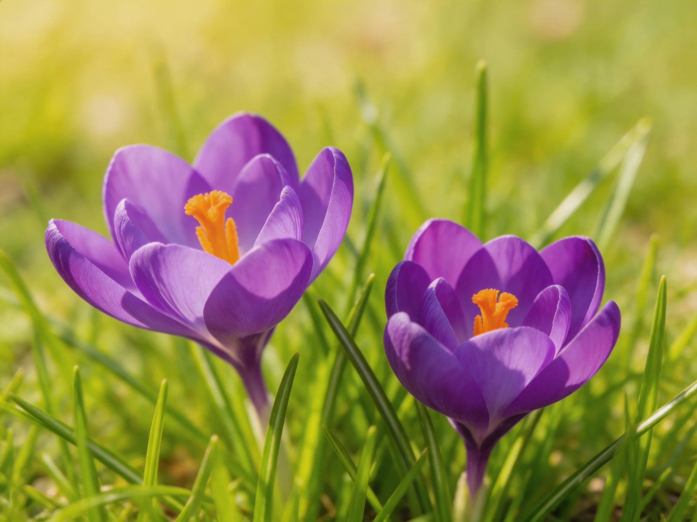 Two vibrant purple crocus blooms in lush green grass