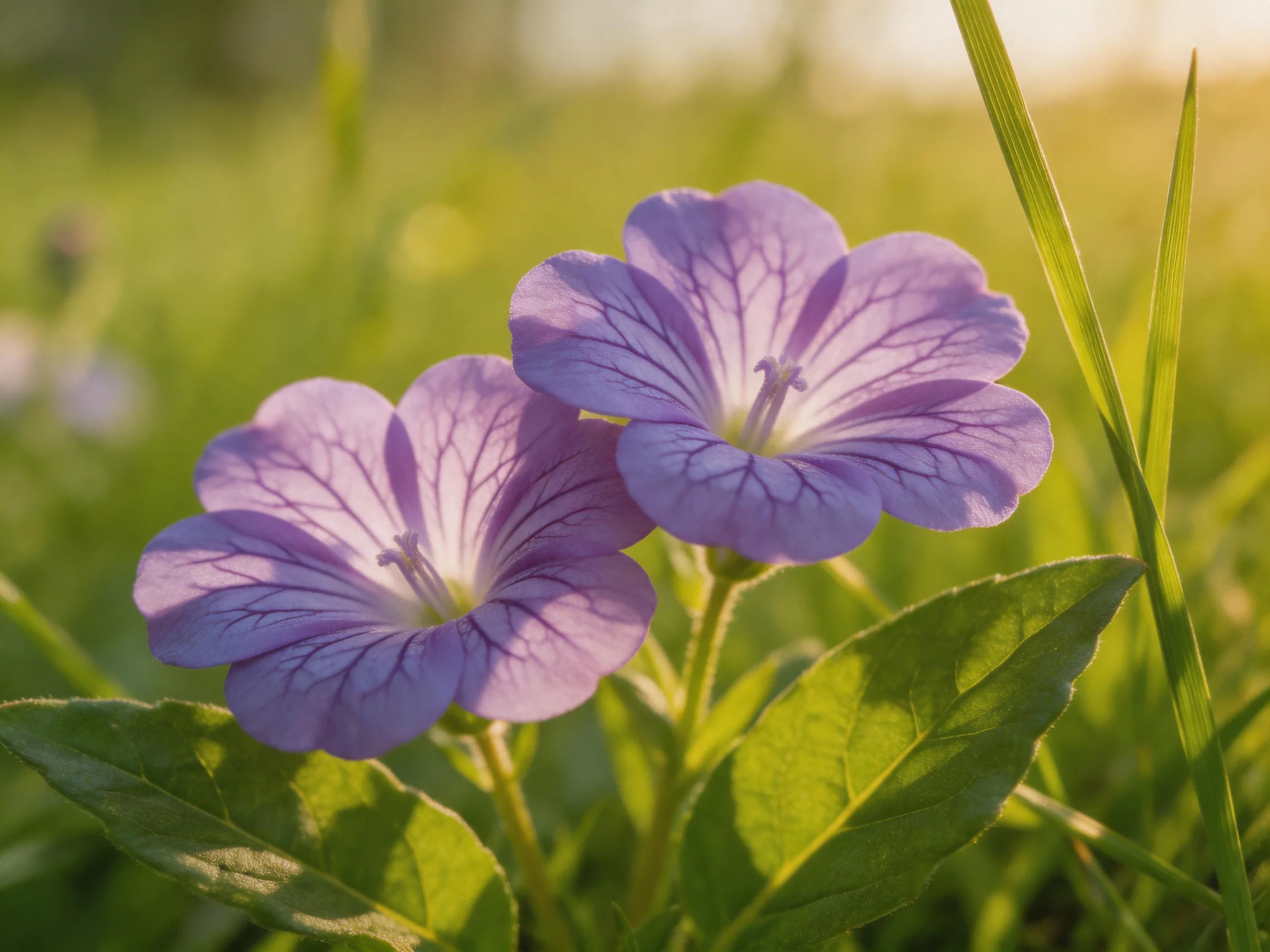 Two vibrant purple flowers bloom among lush green foliage in soft sunlight