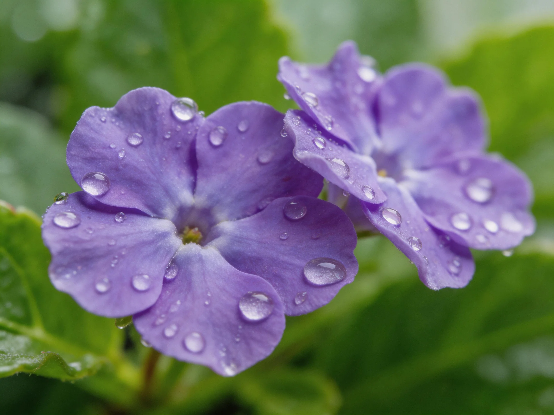 Two vibrant purple flowers with glistening water droplets among green foliage