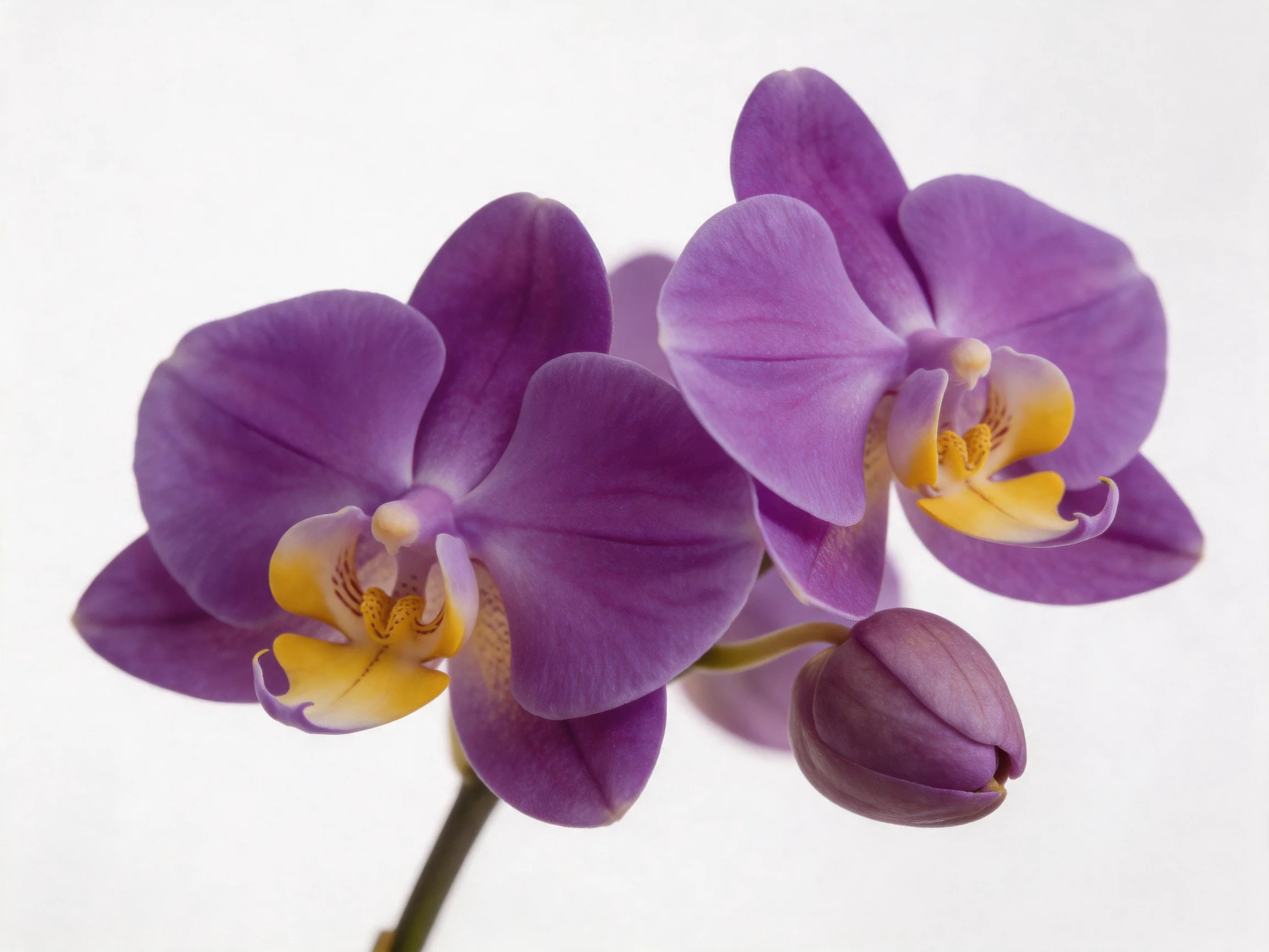 Two vibrant purple orchid blooms and a closed bud