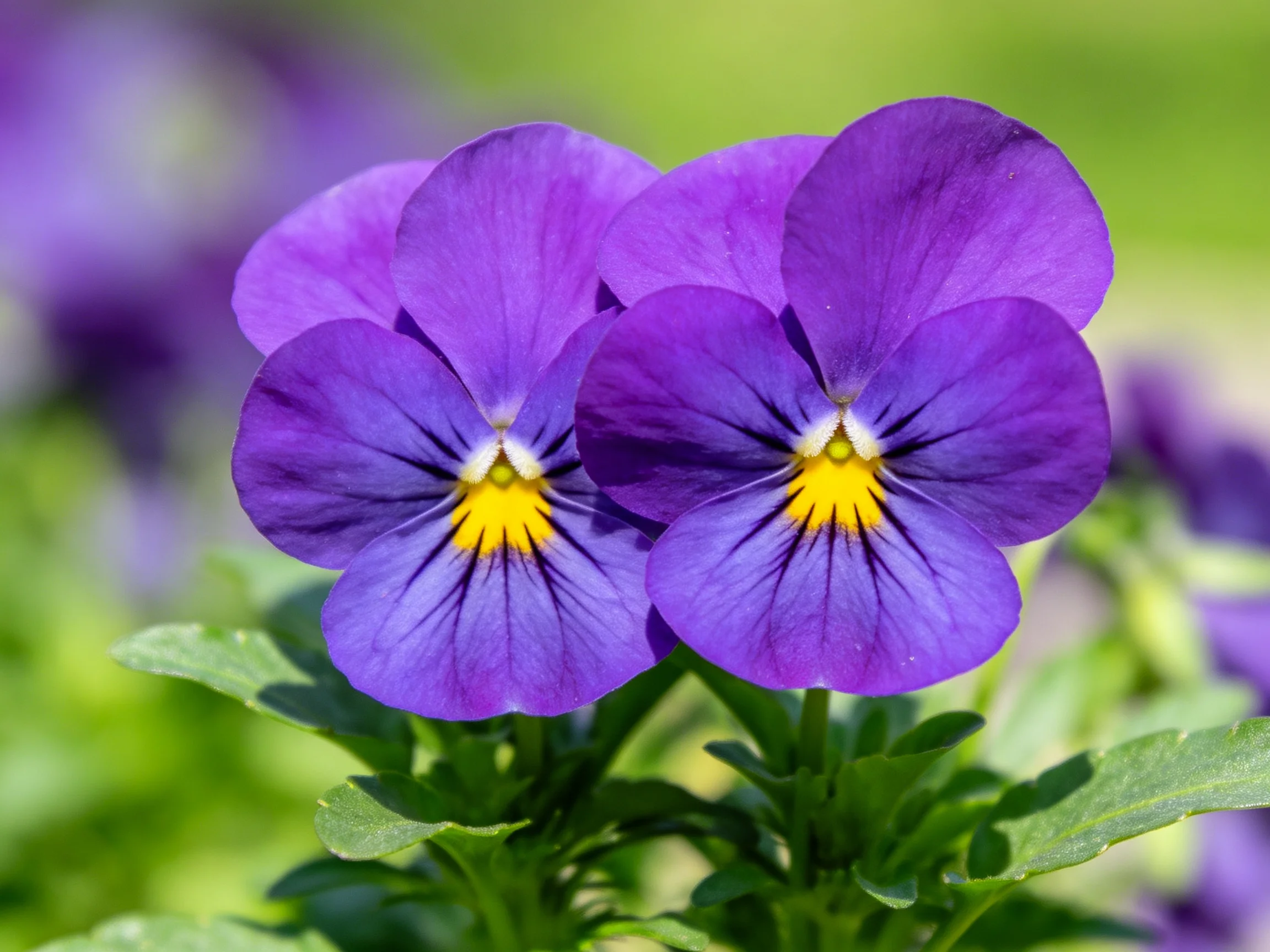 Two vibrant purple pansy flowers with yellow centers among green foliage