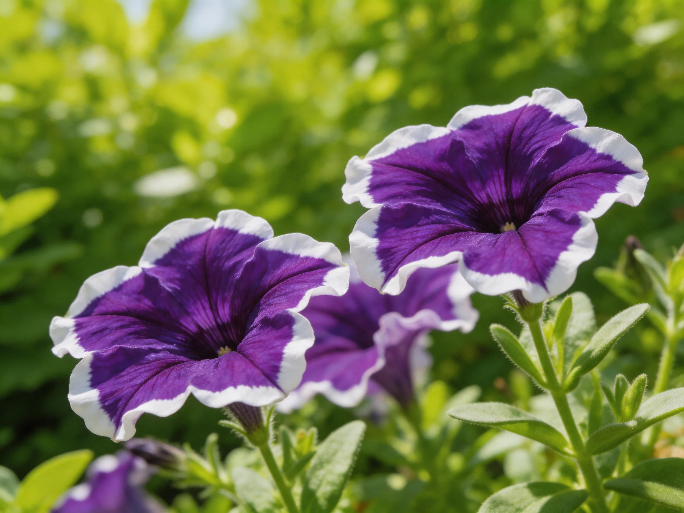 Two vibrant purple petunias with white-edged petals bloom among green foliage