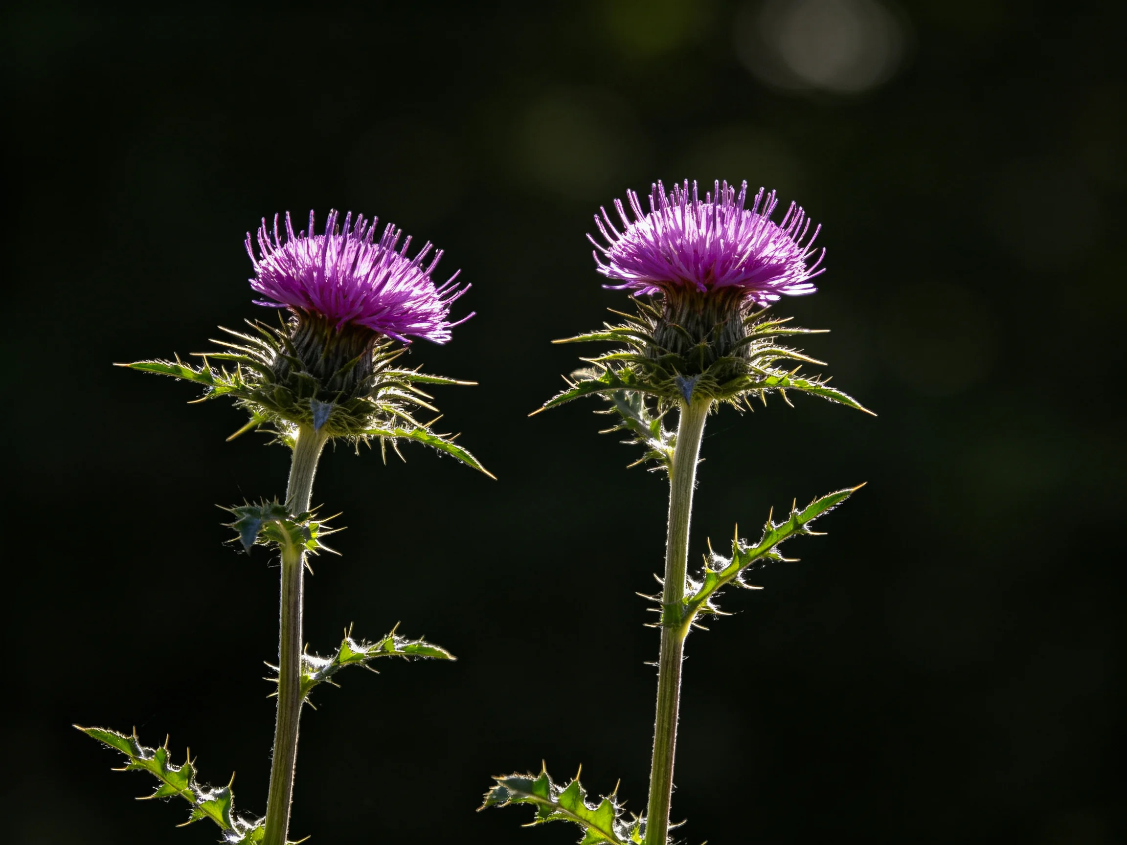 Two vibrant purple thistle blooms with spiky green stems