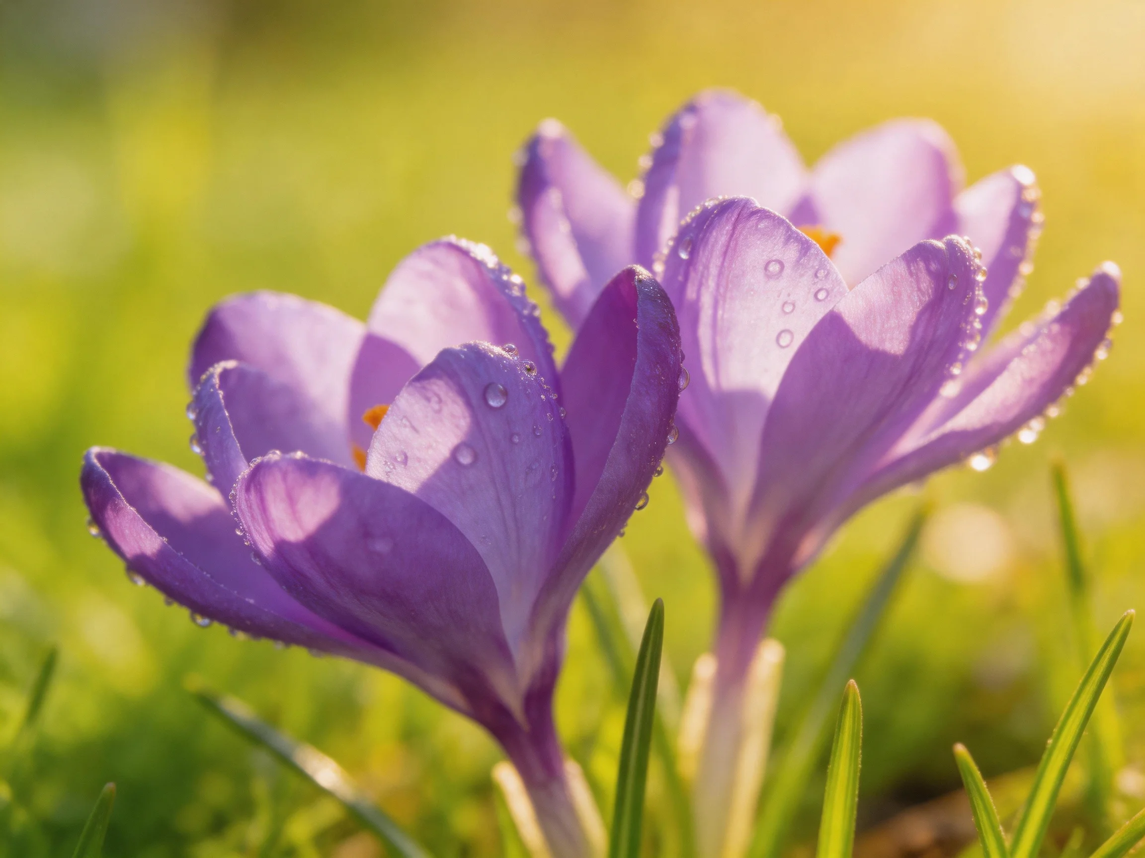 Two vibrant purplecrocus blooms with dewdrops in a sunlit meadow