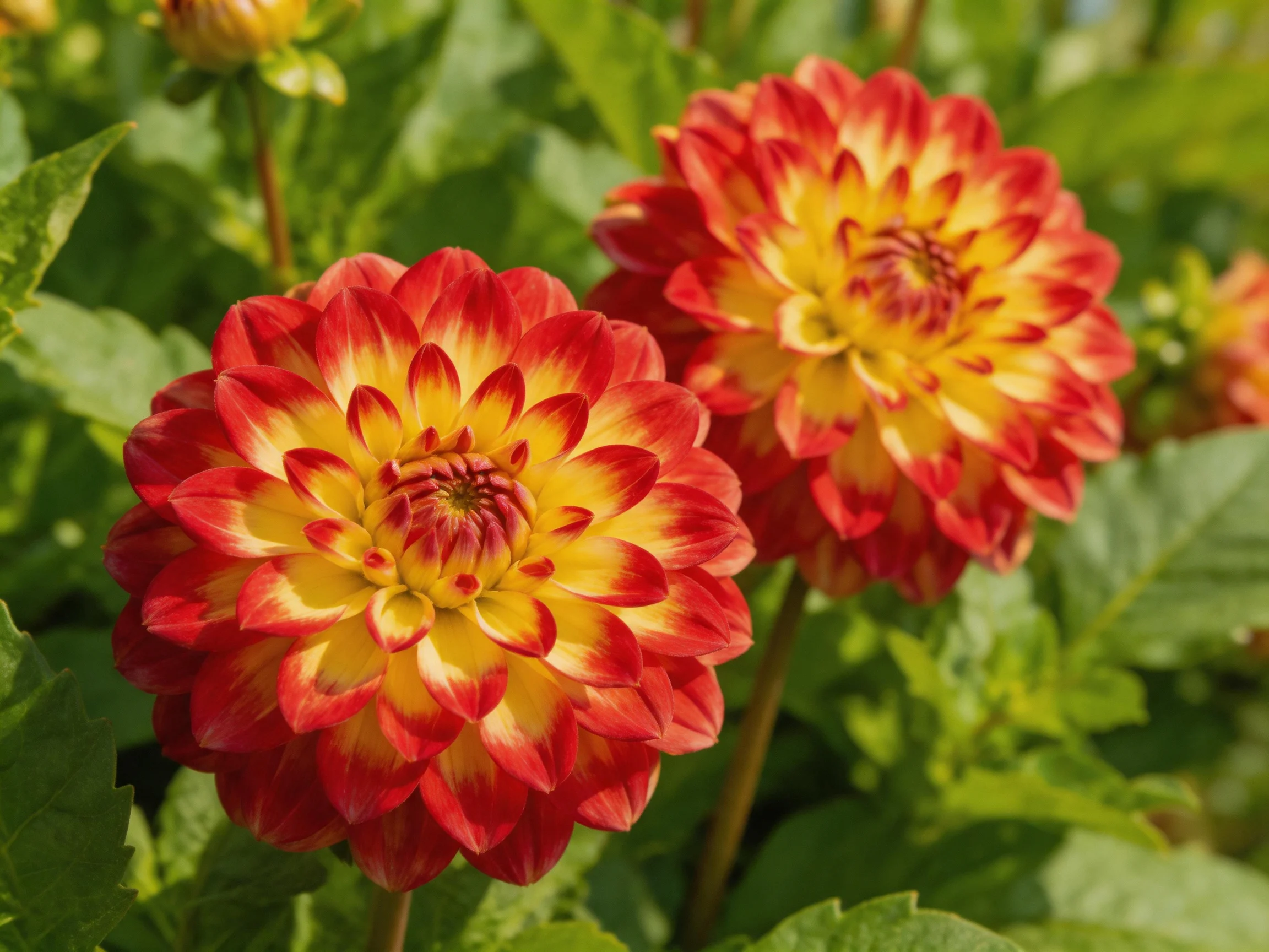 Vibrant red and yellow dahlia blooms stand out against lush green foliage in a sunlit garden.