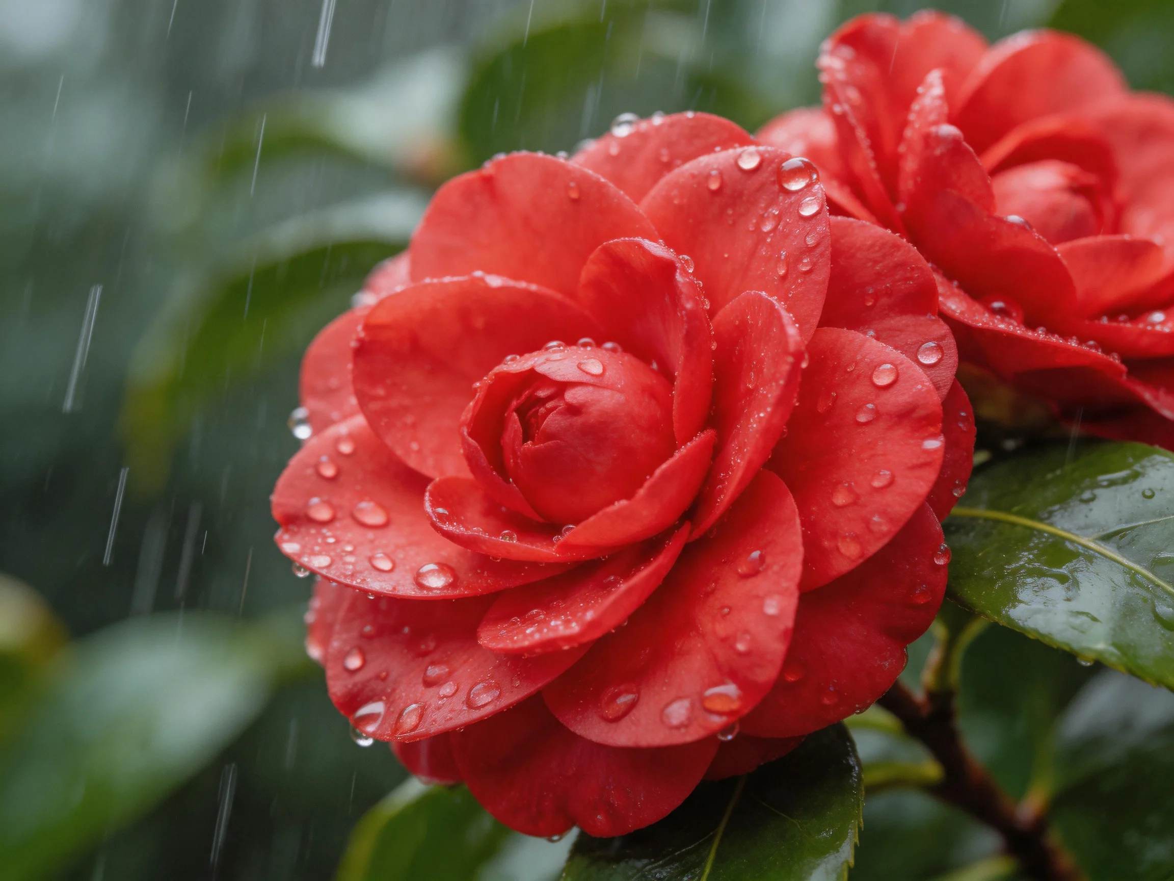 Two vibrant red camellia blooms covered in raindrops beside green leaves