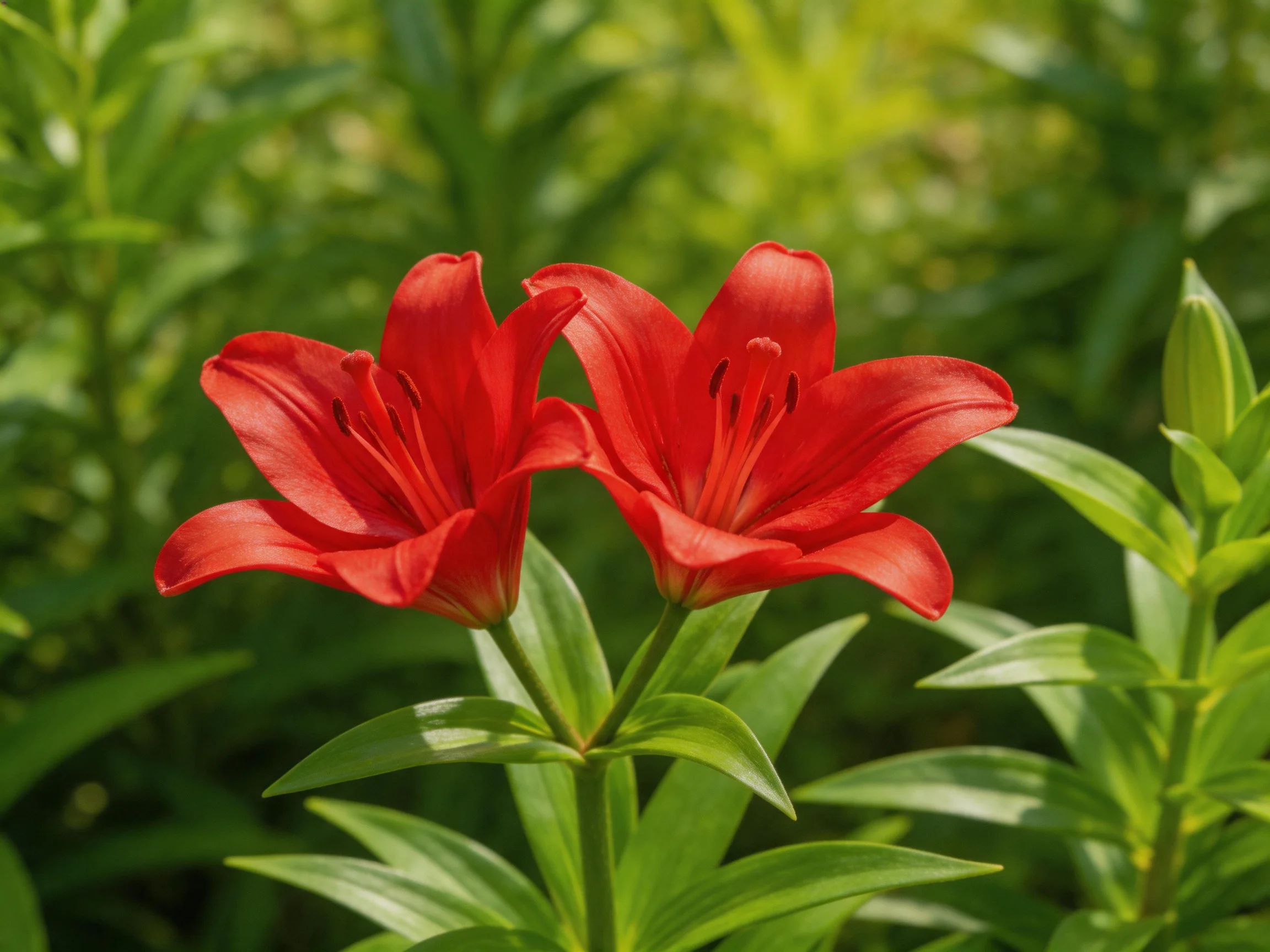 Two vibrant red lilies bloom among lush green foliage