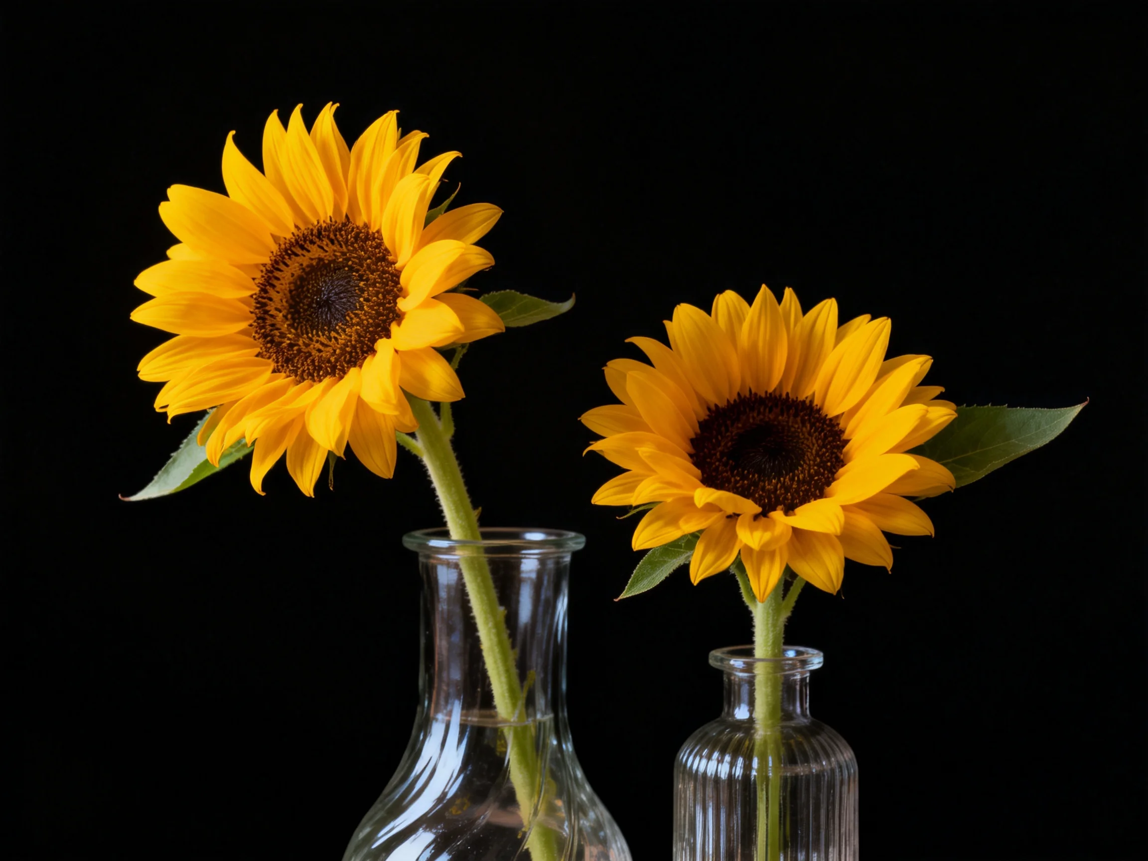 Two vibrant sunflowers in clear glass vases against a black backdrop