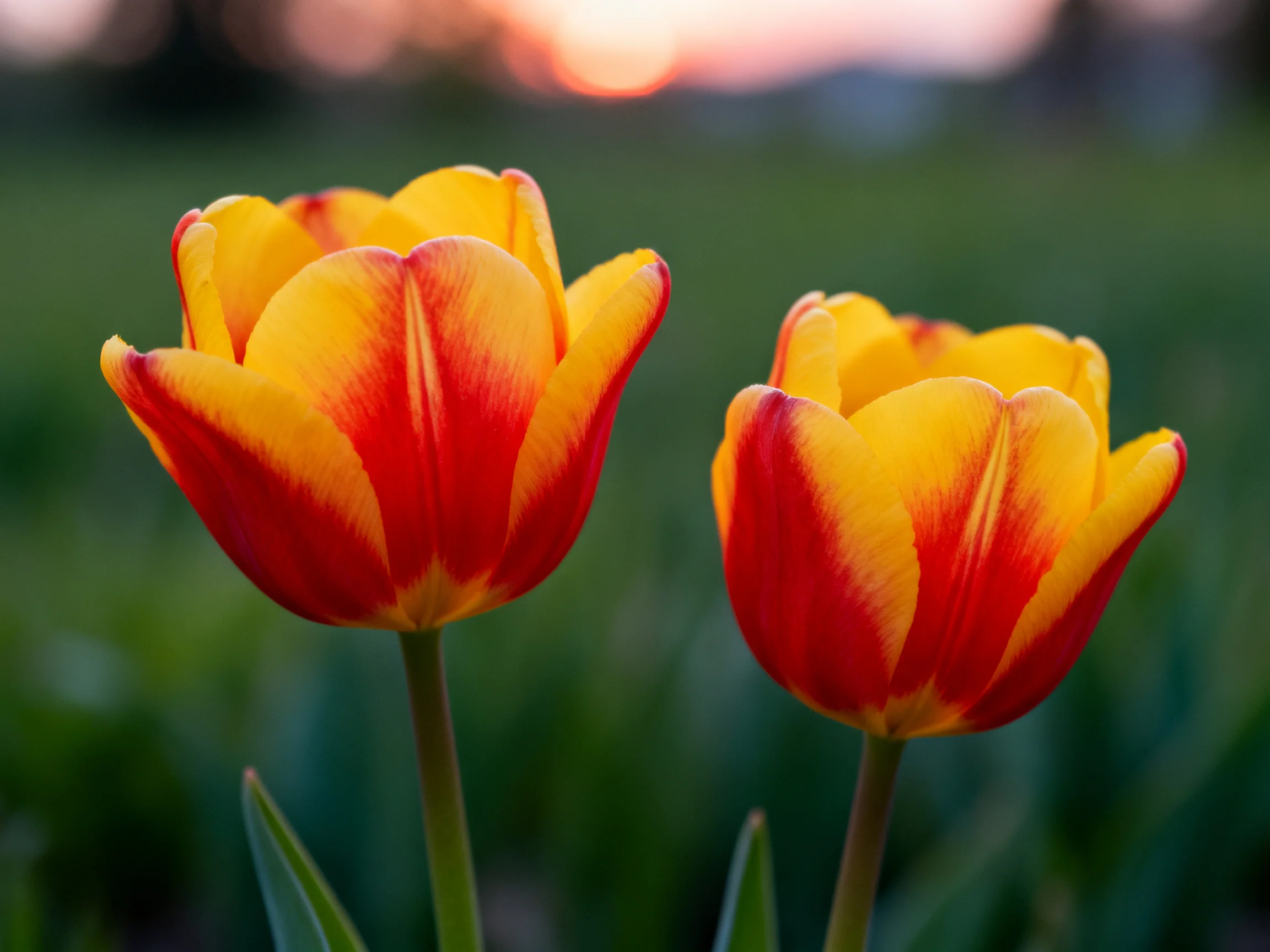 Two vibrant yellow and red tulips against a softly lit outdoor setting