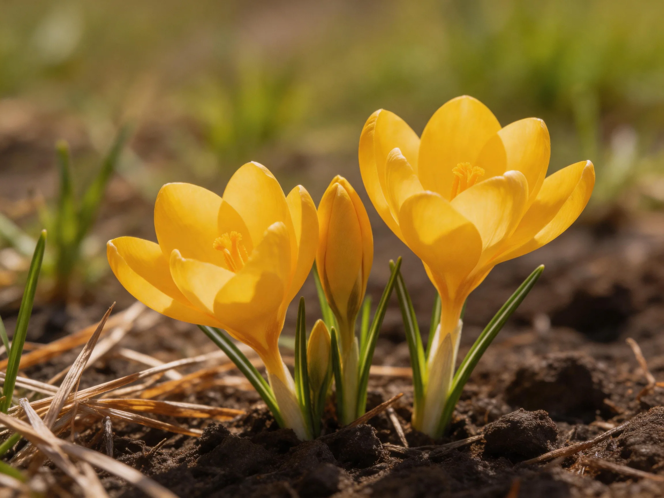 Two vibrant yellow crocus blooms emerge from dark earth