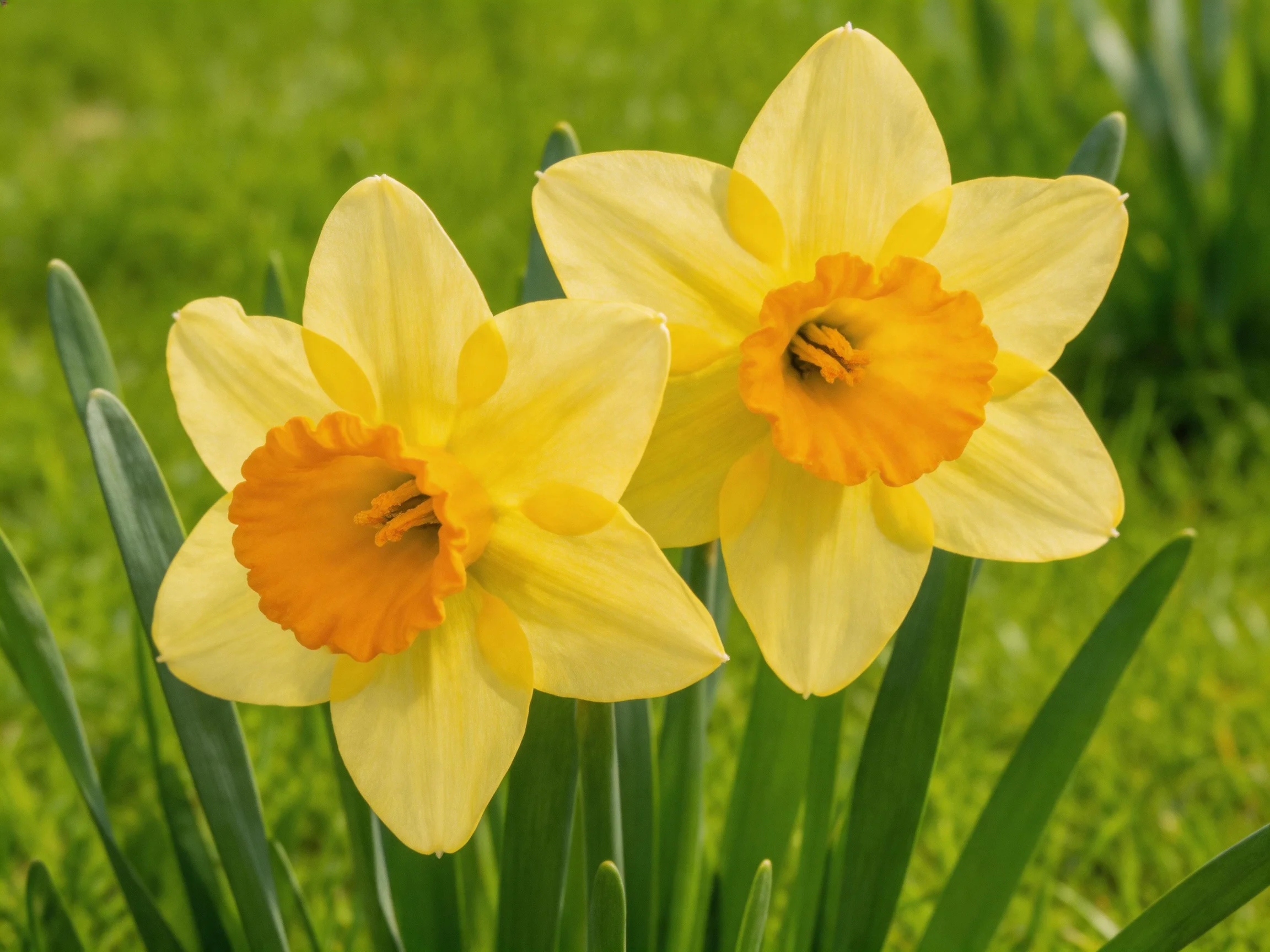 Two vibrant yellow daffodils with orange centers amidst lush greenery