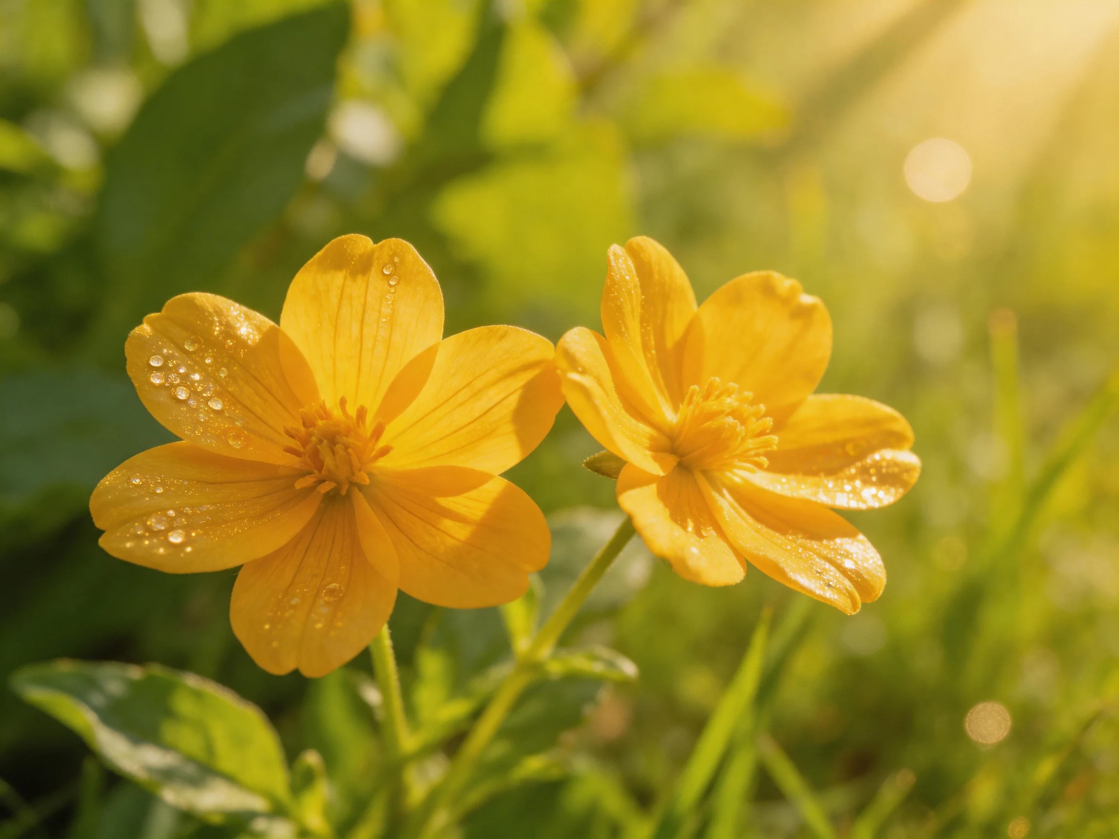 Two vibrant yellow flowers with dewdrops amid lush green foliage under golden sunlight