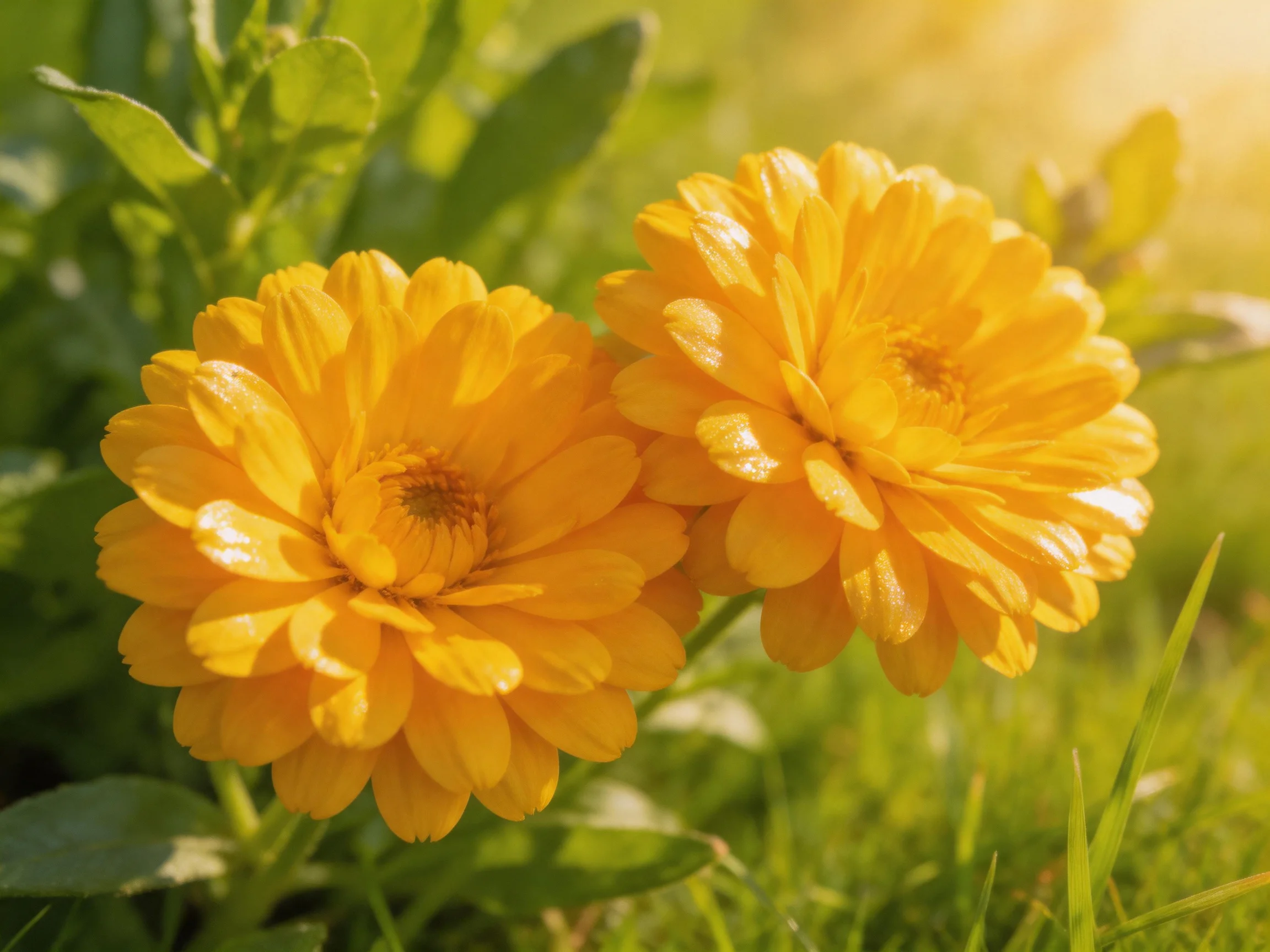 Two vibrant yellow marigolds bloom among lush green foliage under bright sunlight
