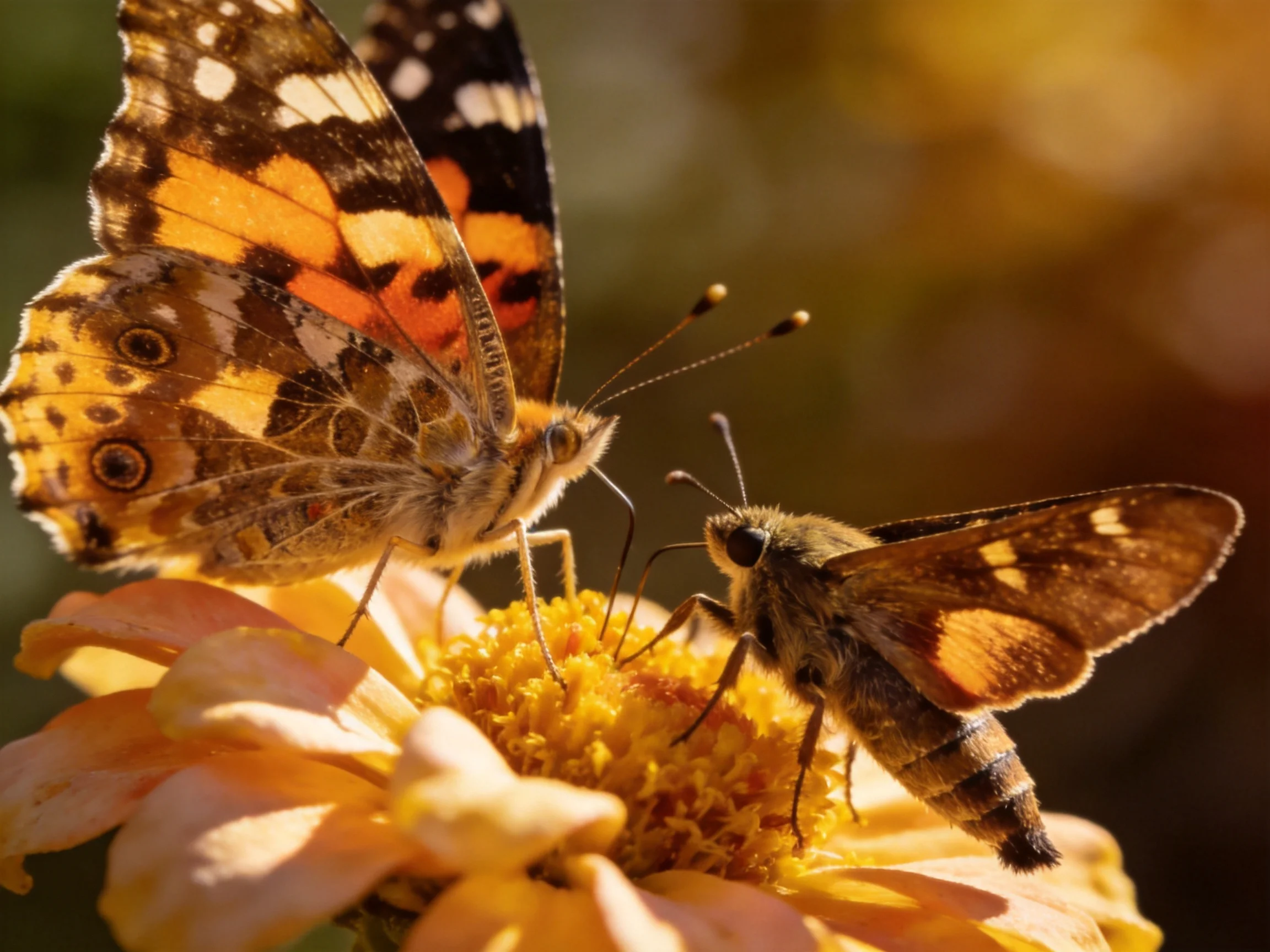 Two vibrantly patterned butterflies share a yellow-orange flower for nectar