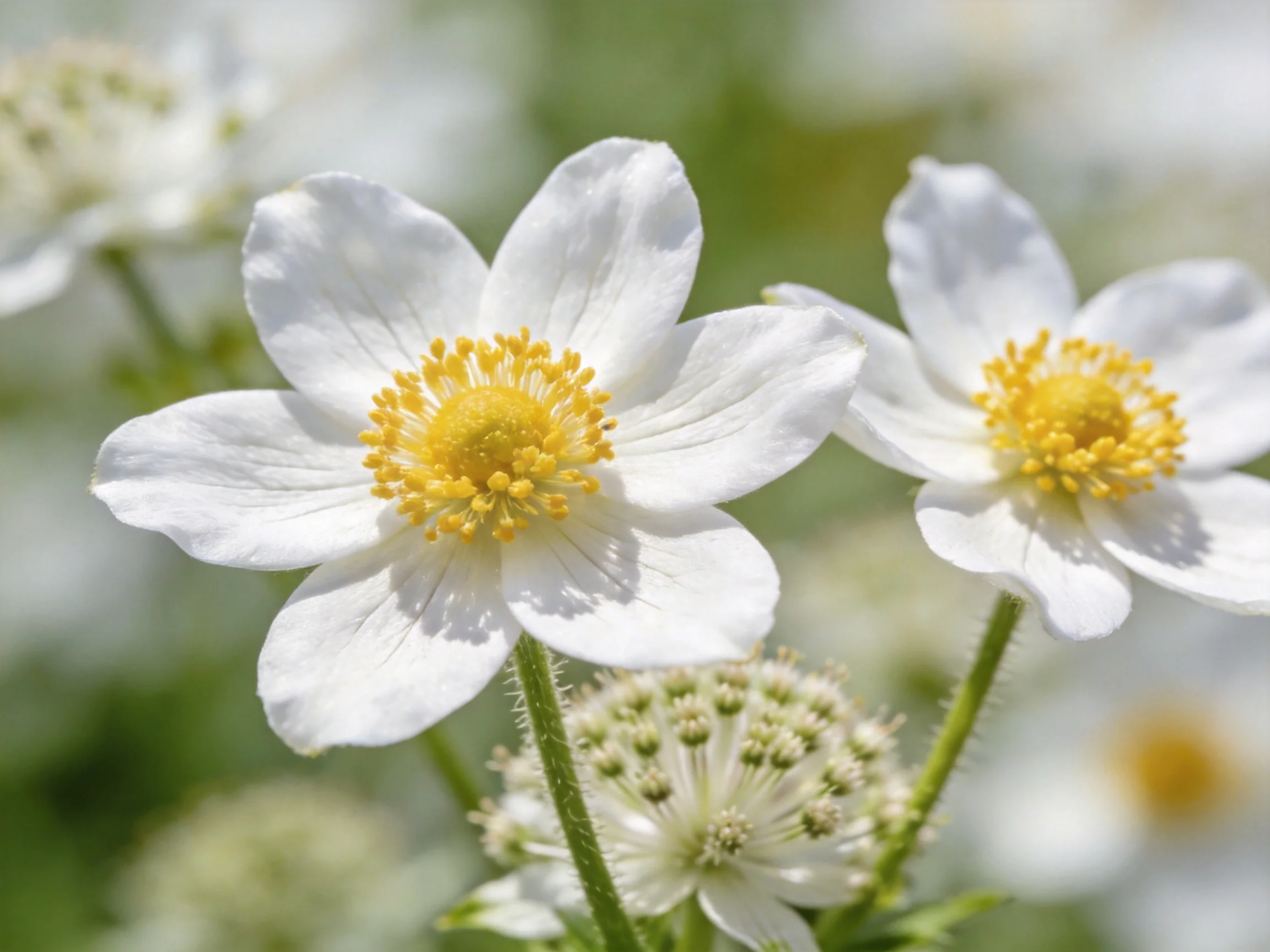 Two white anemone flowers with golden centers amid green foliage