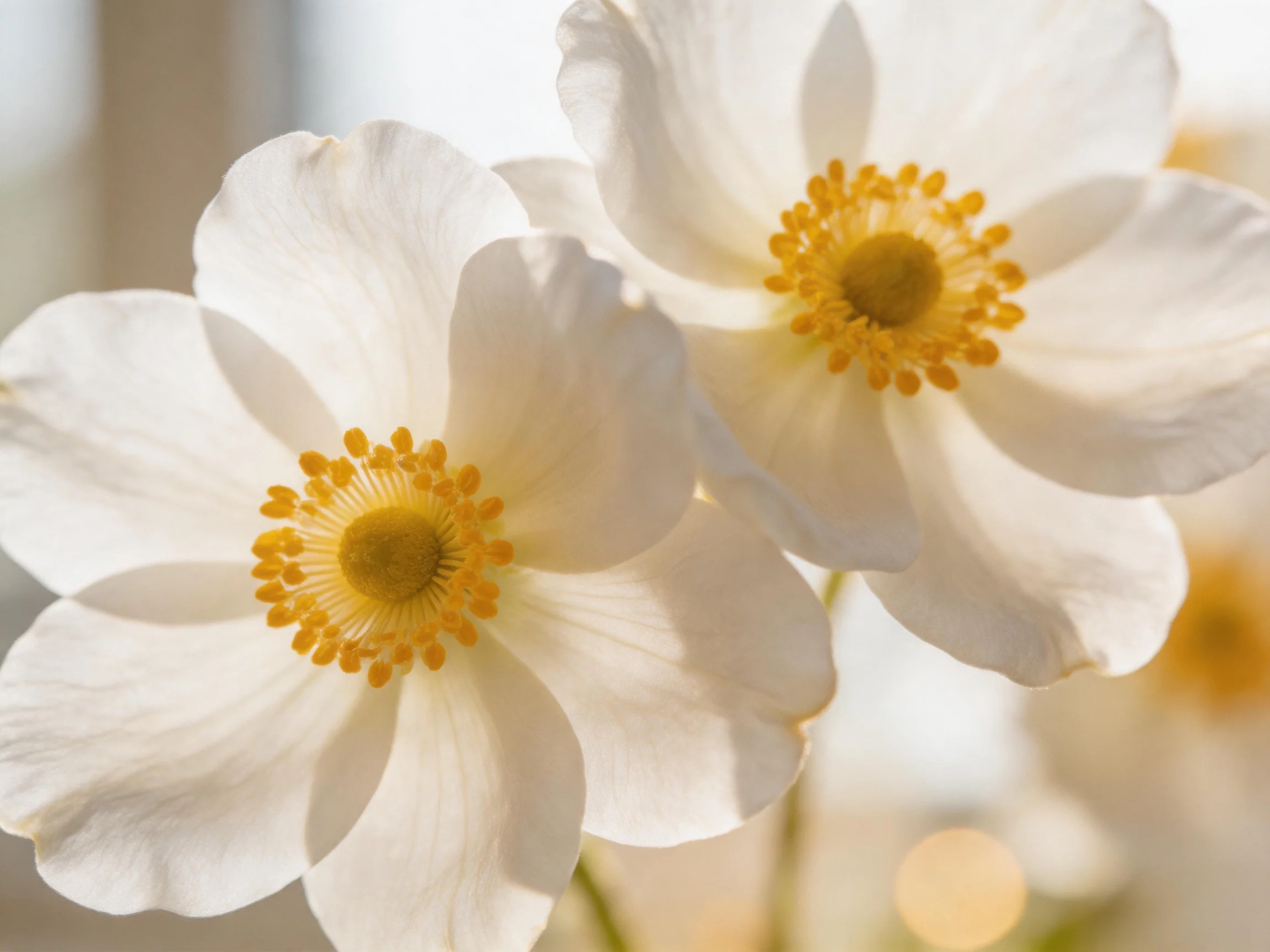 Two white anemones with golden centers in soft lighting