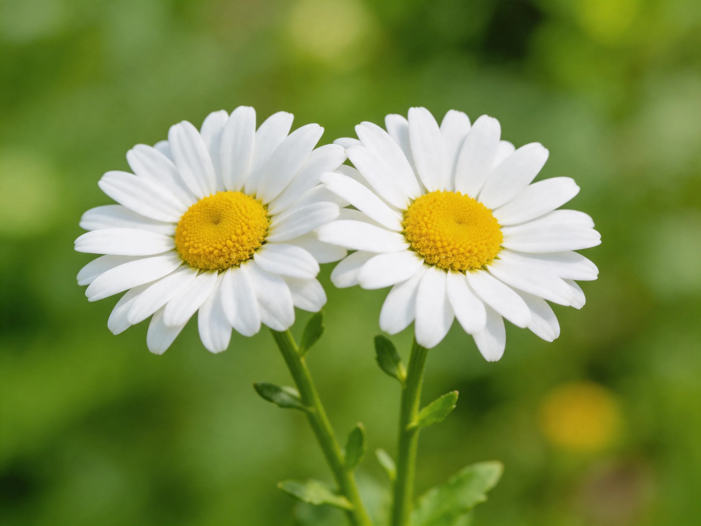 Two white-centered daisies with yellow blooms amidst green foliage