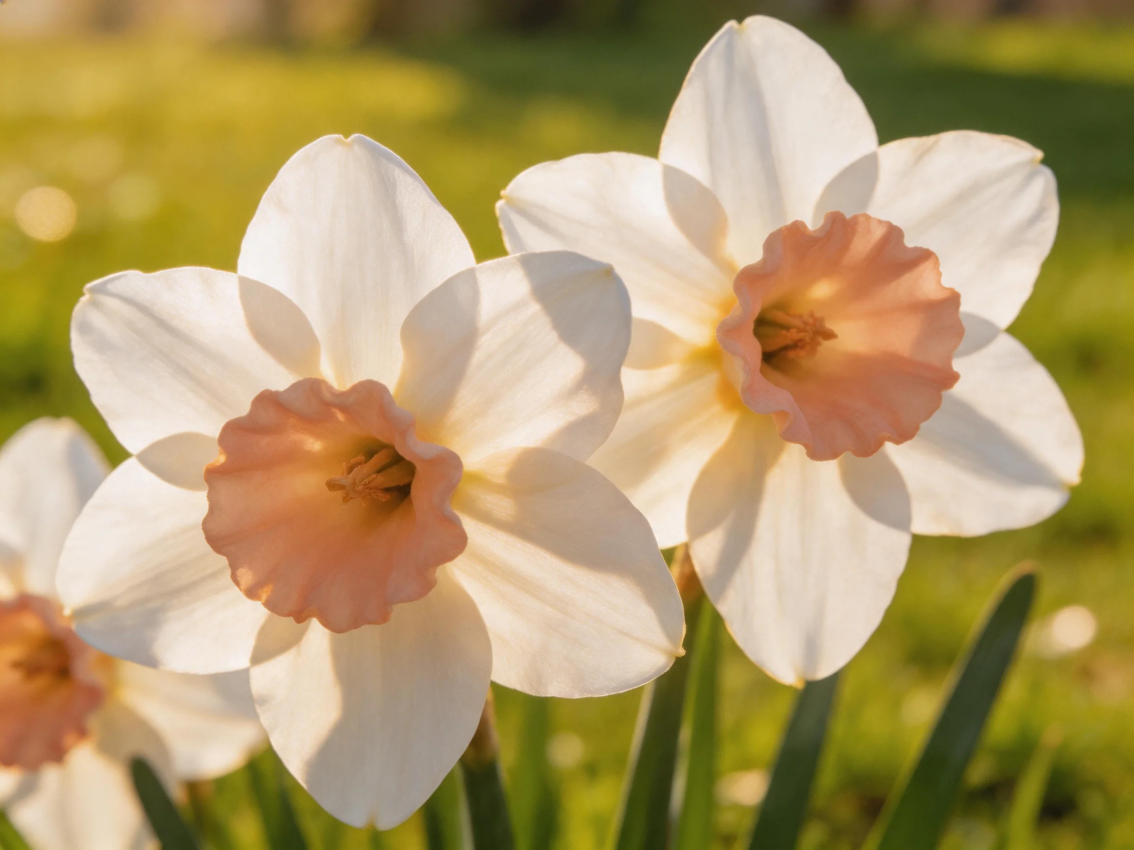 Two white daffodils with peach centers bloom in a sunlit meadow