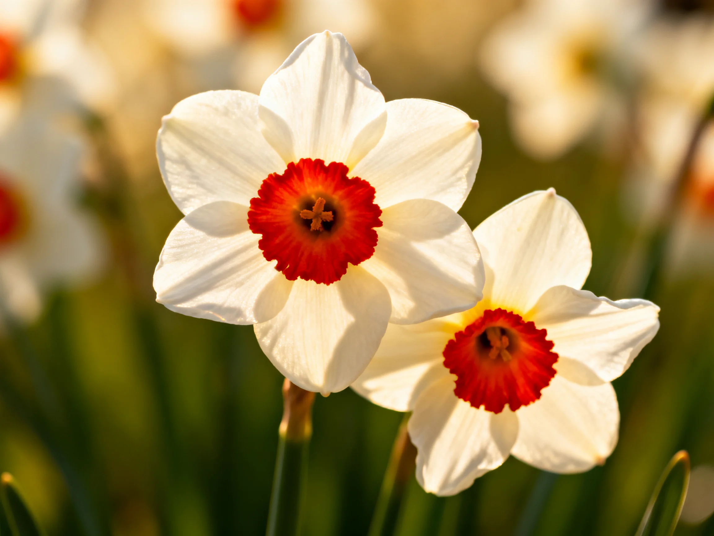 Two white daffodils with vibrant red centers in a sunlit garden