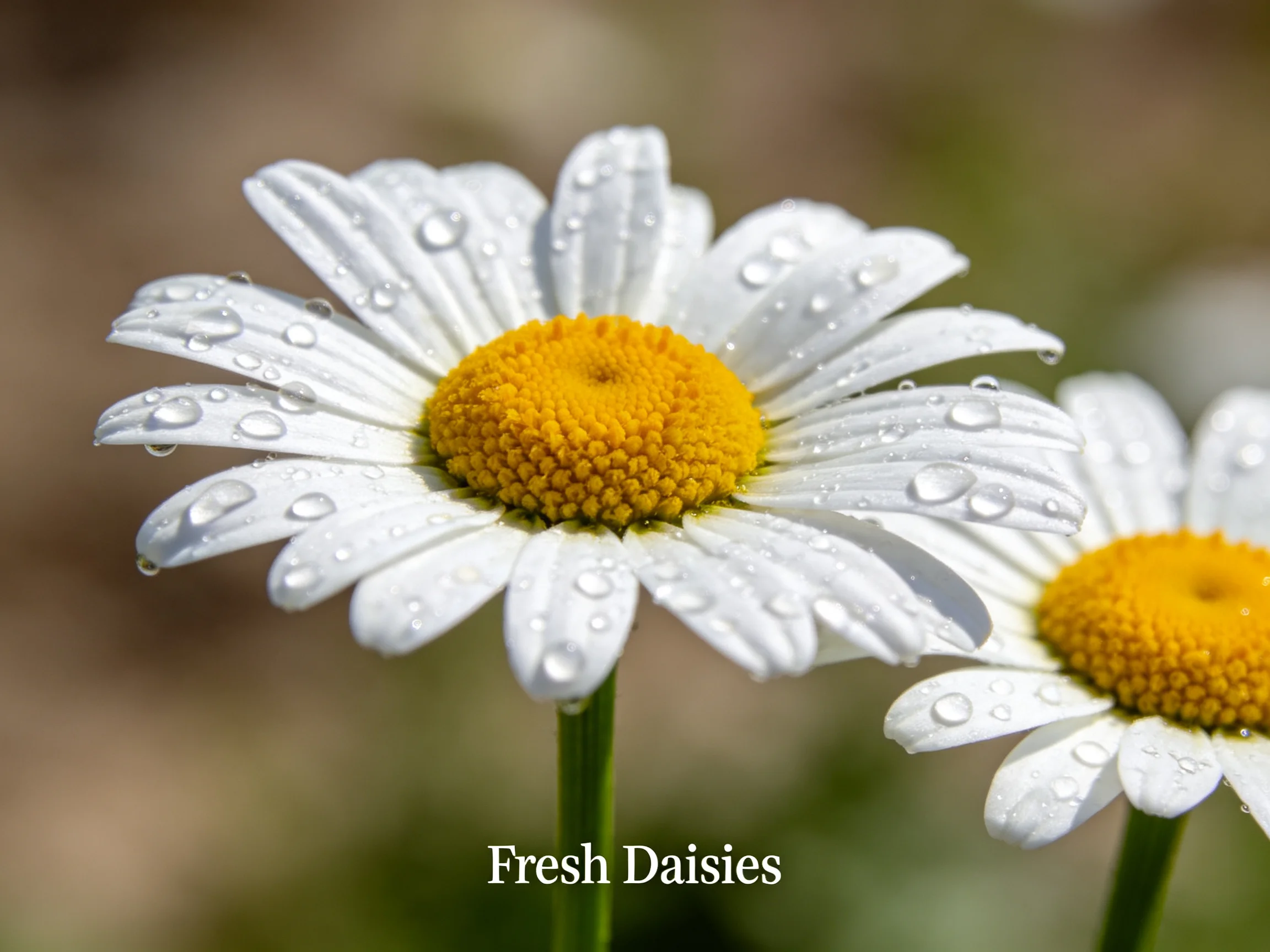 Two white daisies adorned with dew droplets and vibrant yellow centers