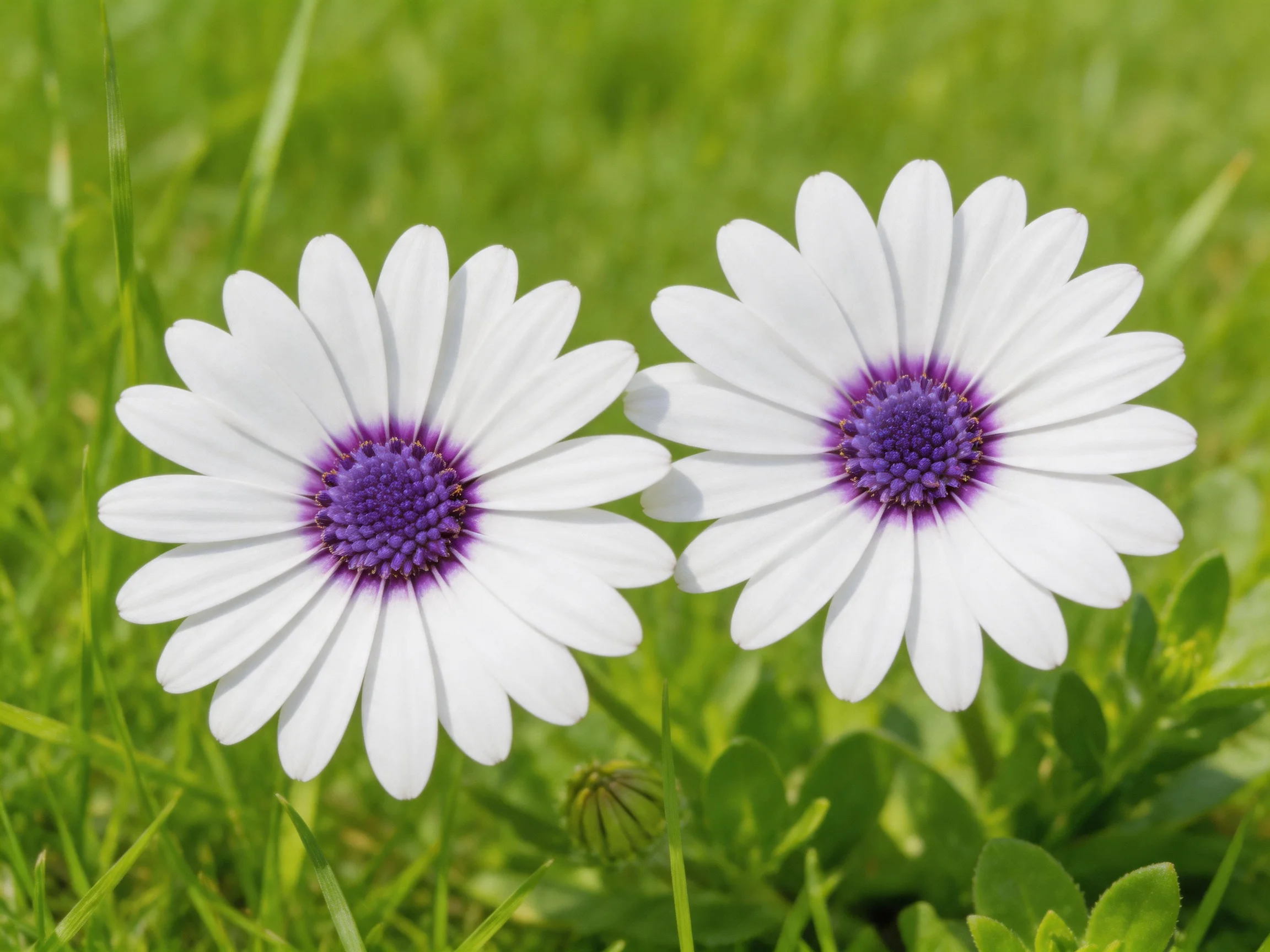 Two white daisies with purple centers bloom in green grass