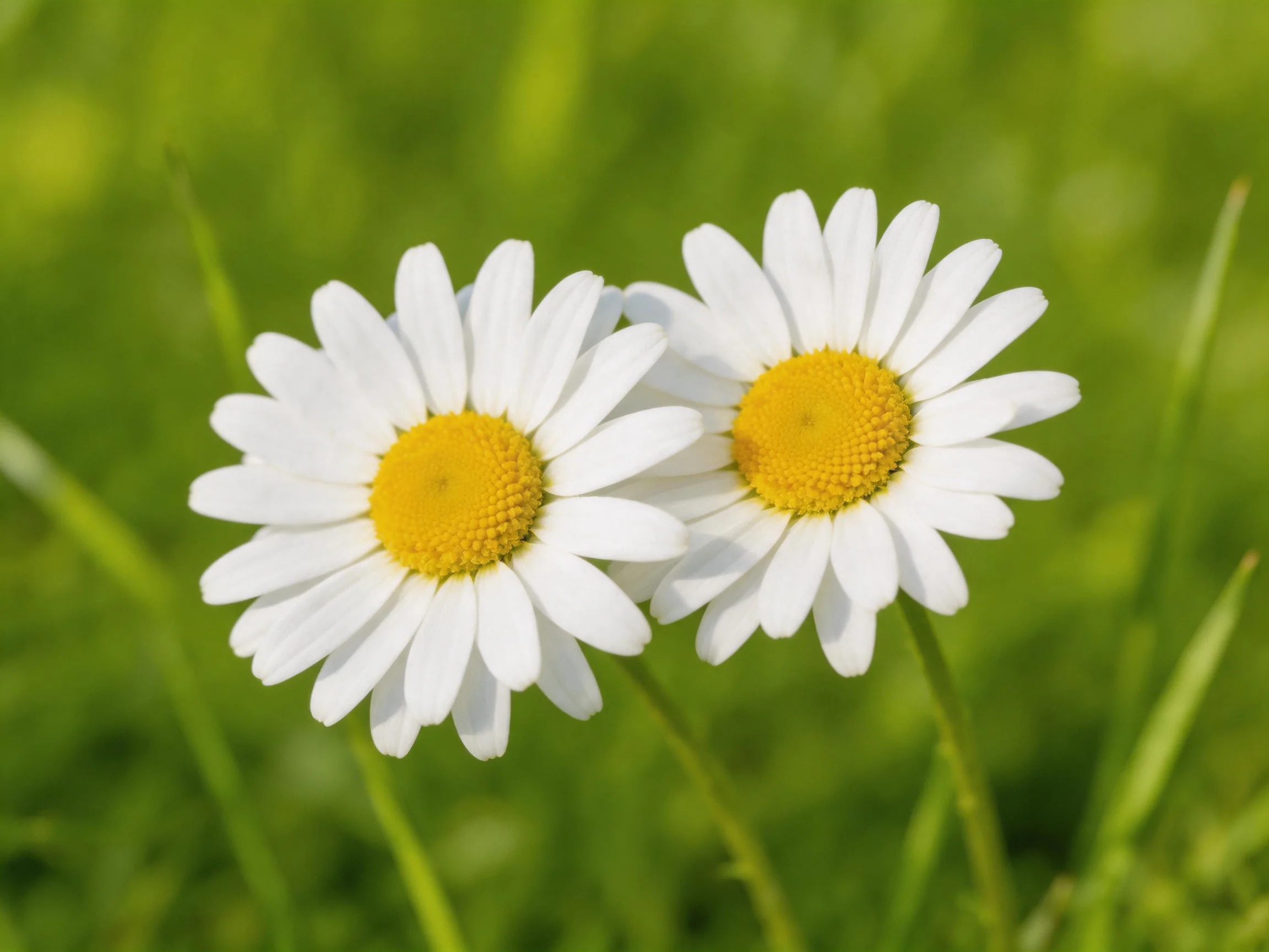Two white daisy flowers with bright yellow centers in a lush green field