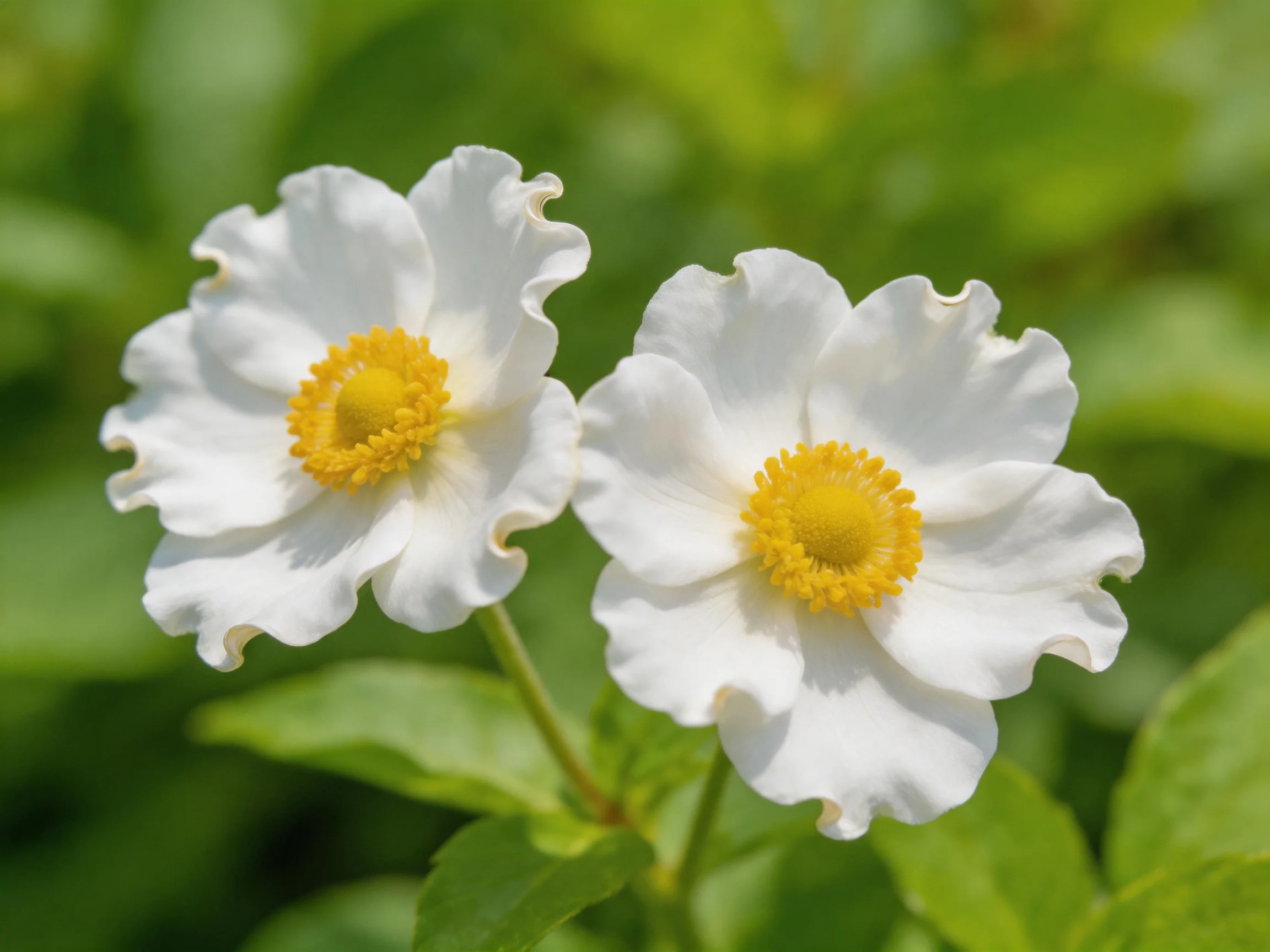 Two white flowers with bright yellow centers amid green foliage