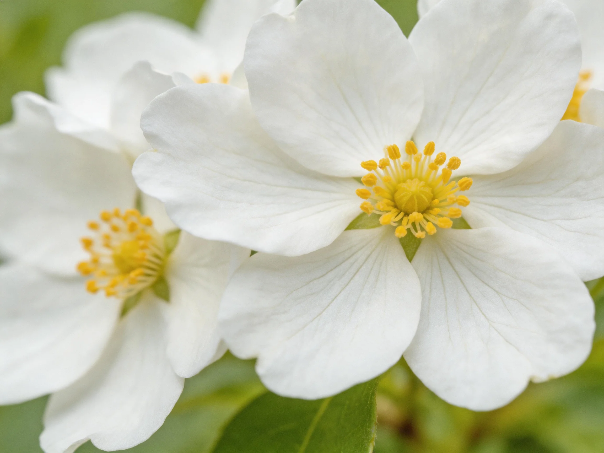 Two white flowers with vivid yellow centers bloom near green foliage