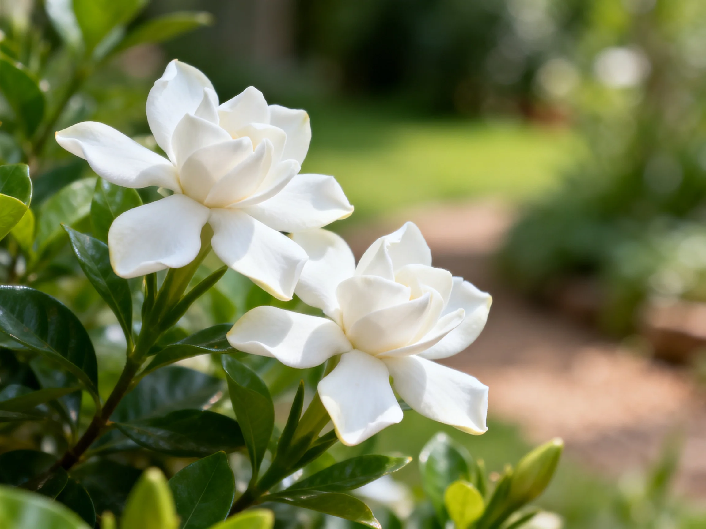 Two white gardenia blossoms surrounded by glossy green leaves in a sunlit garden