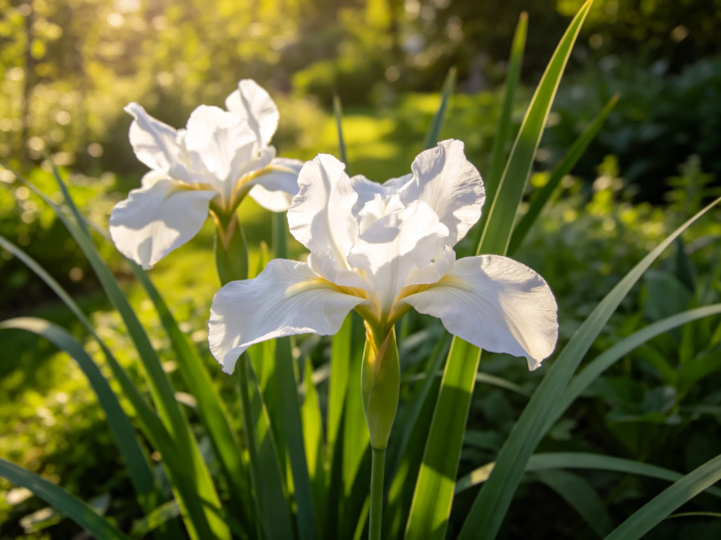 Two white iris flowers bloom among tall green foliage in soft sunlight