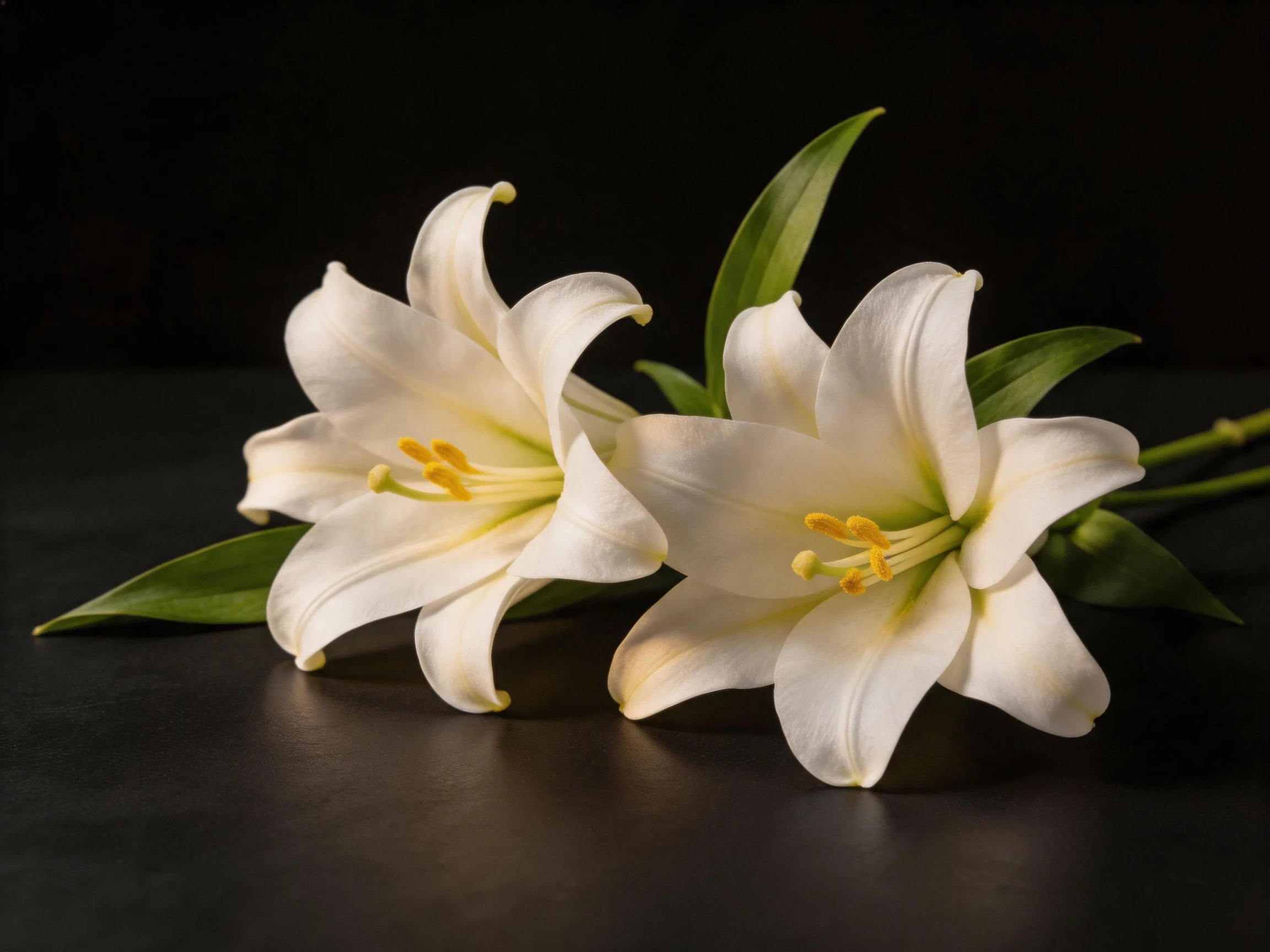 Two white lilies with green leaves on a dark surface