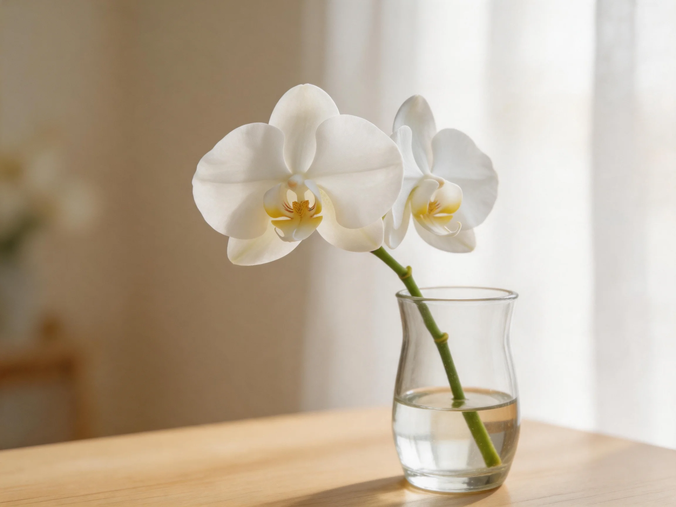 Two white orchid flowers in a clear glass vase on a wooden table