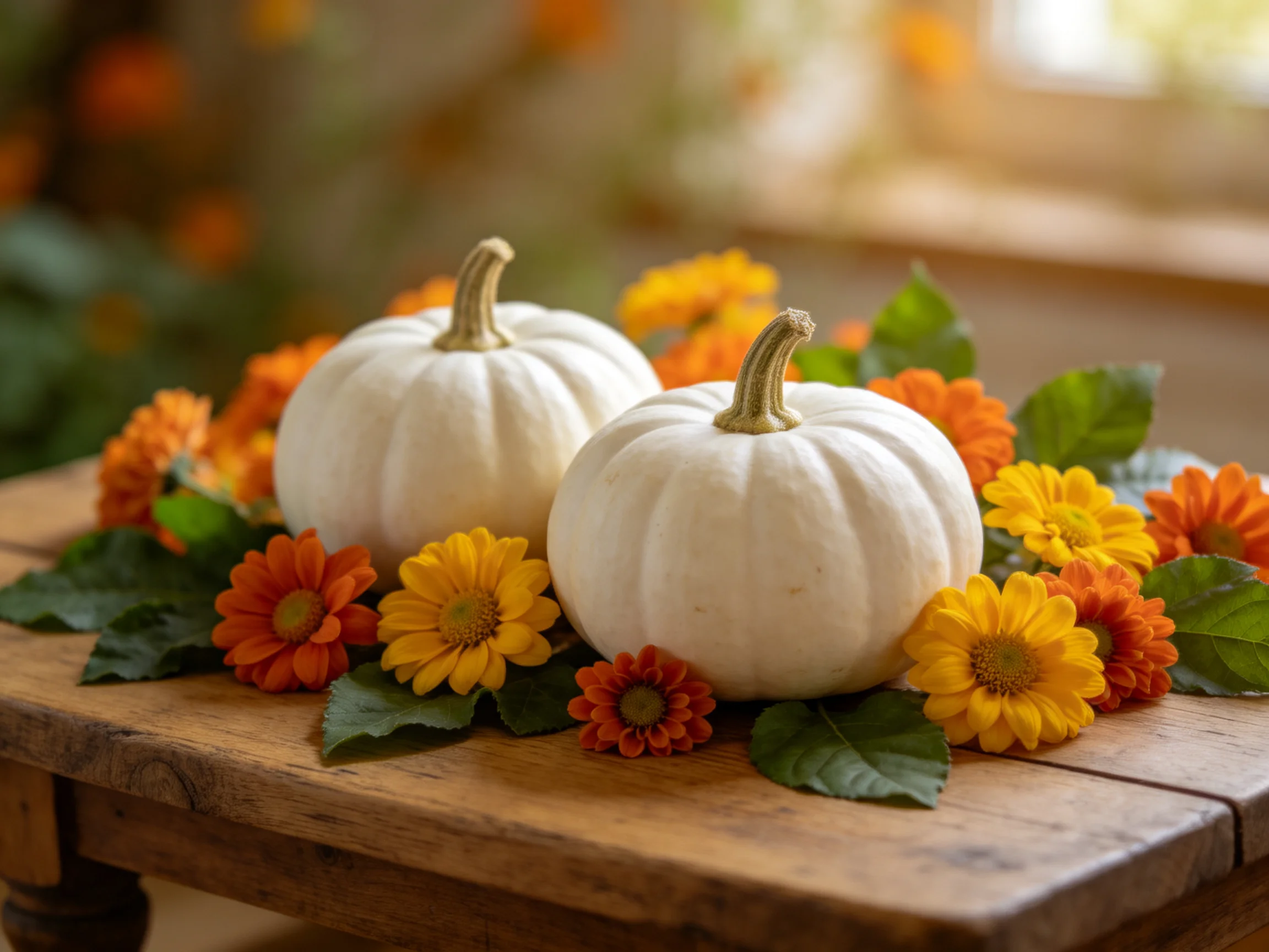 Two white pumpkins surrounded by orange and yellow flowers on a wooden table