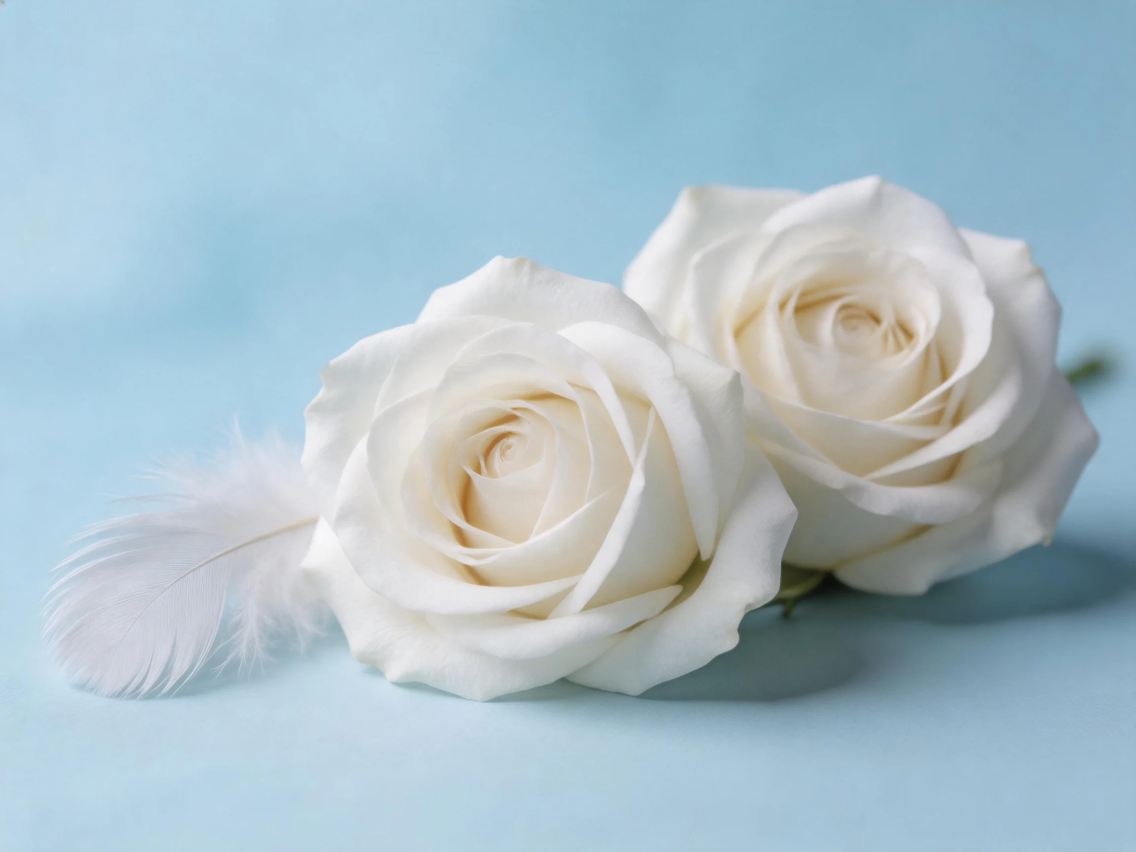 Two white roses and a feather rest on a soft blue surface