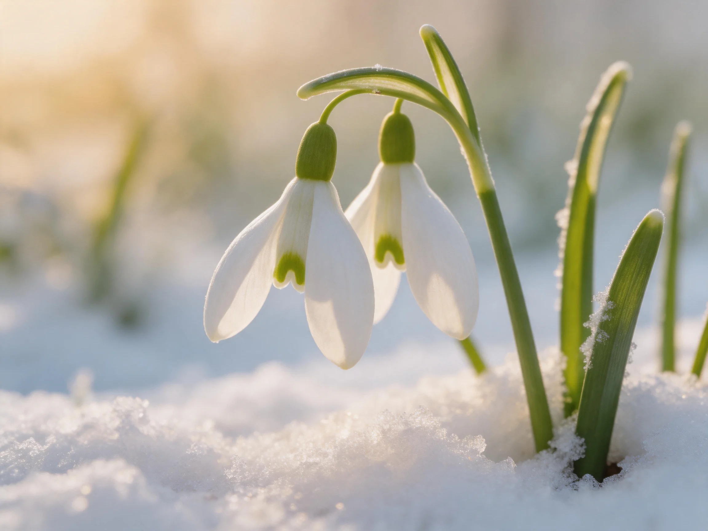 Two white snowdrop flowers bloom through fresh winter snow