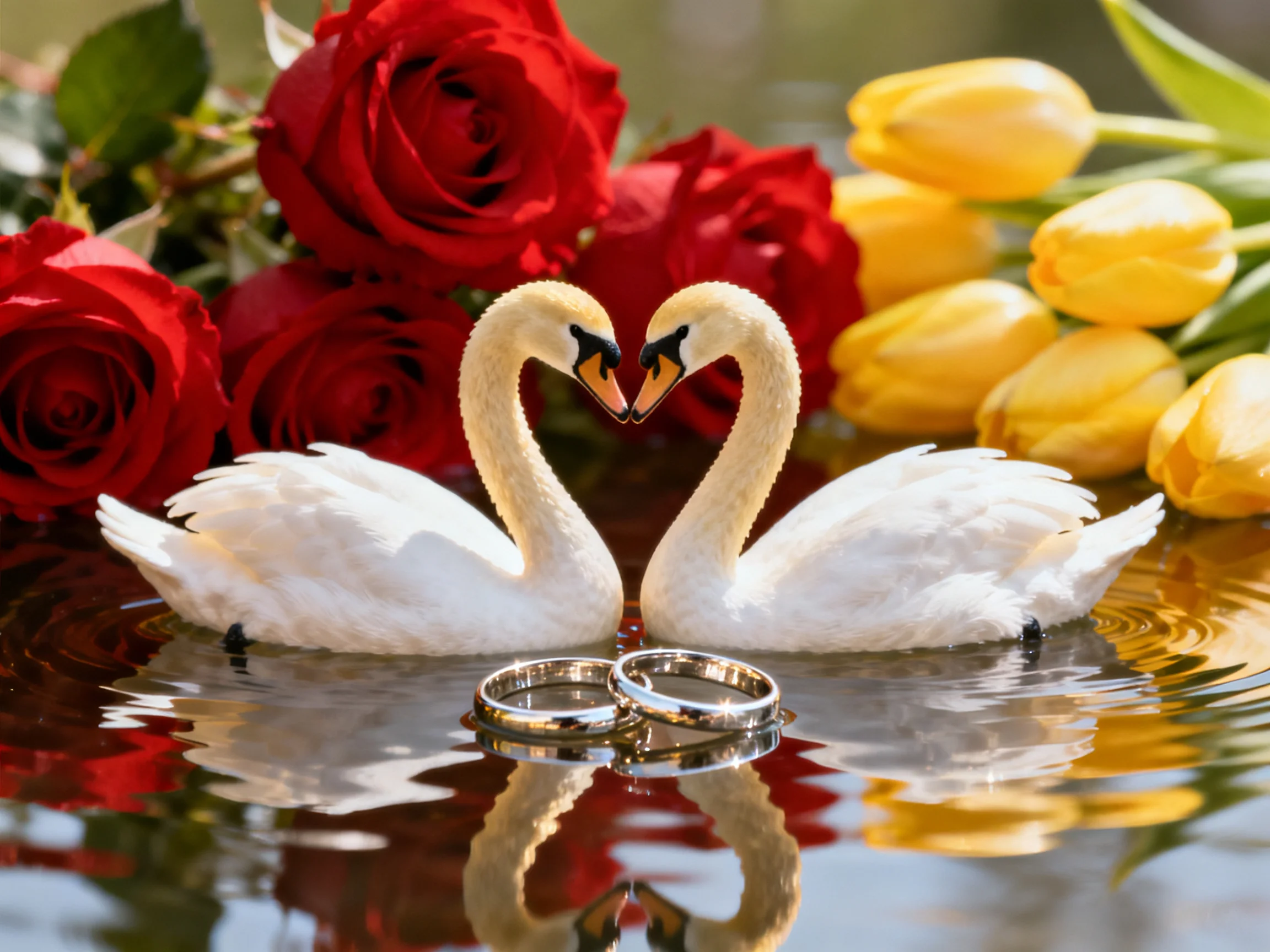 Two white swans form a heart shape near red roses and yellow tulips with wedding rings