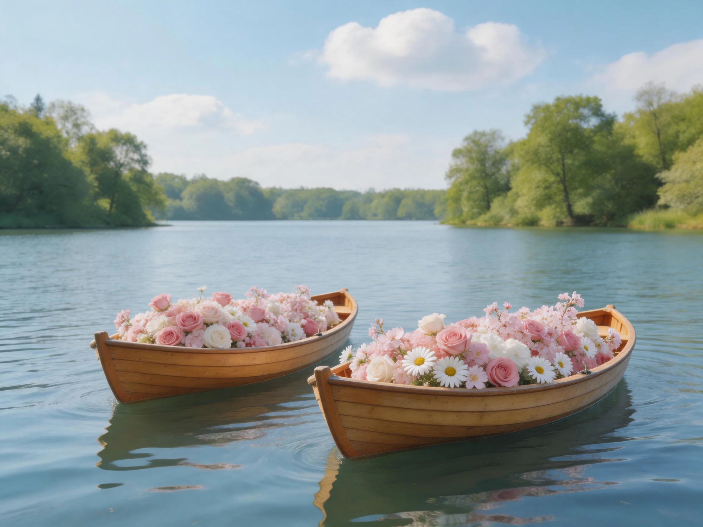 Two wooden boats filled with pink and white flowers float on calm water