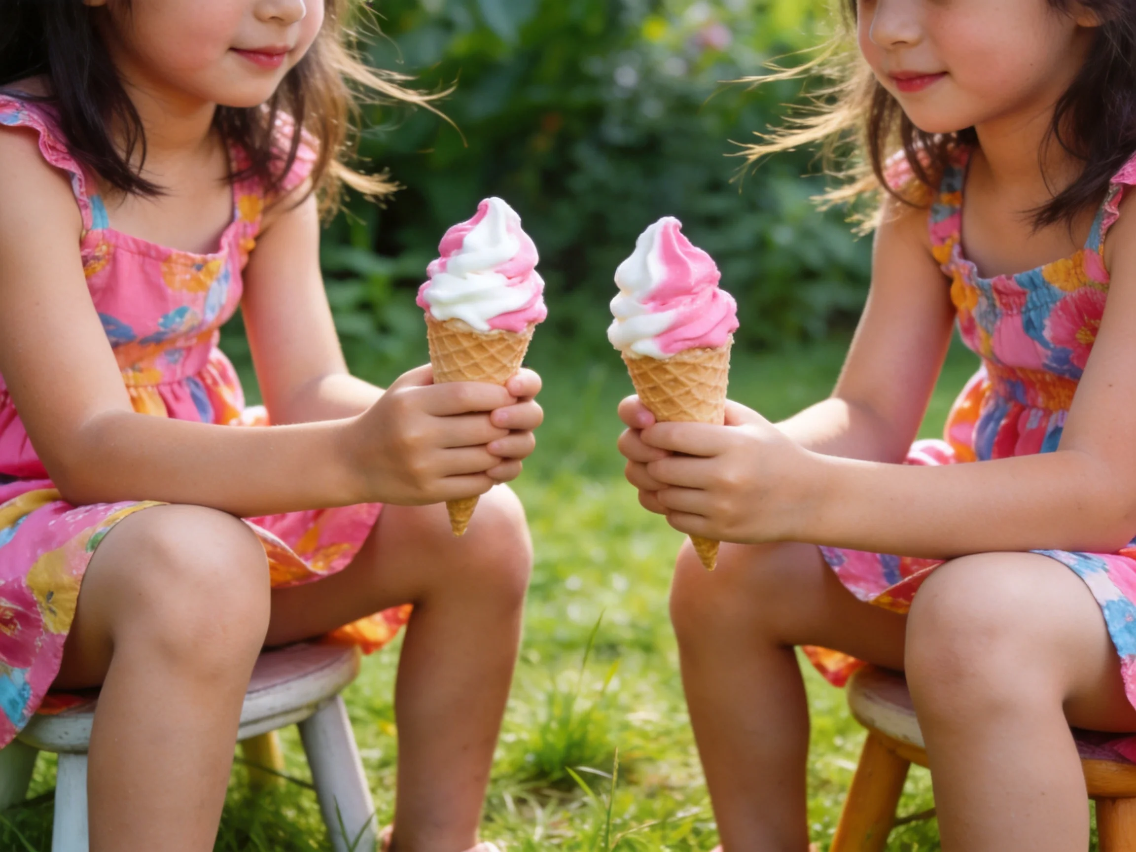 Two young girls hold pink-and-white swirled ice cream cones in a garden