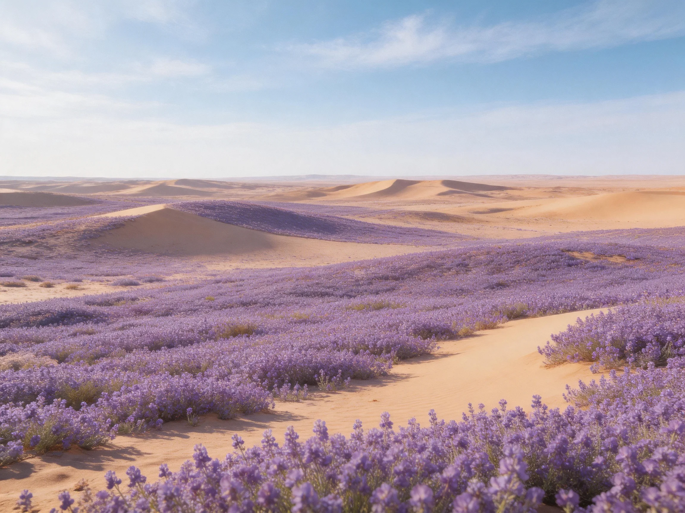 Vast desert landscape with sprawling lavender fields and golden sand dunes