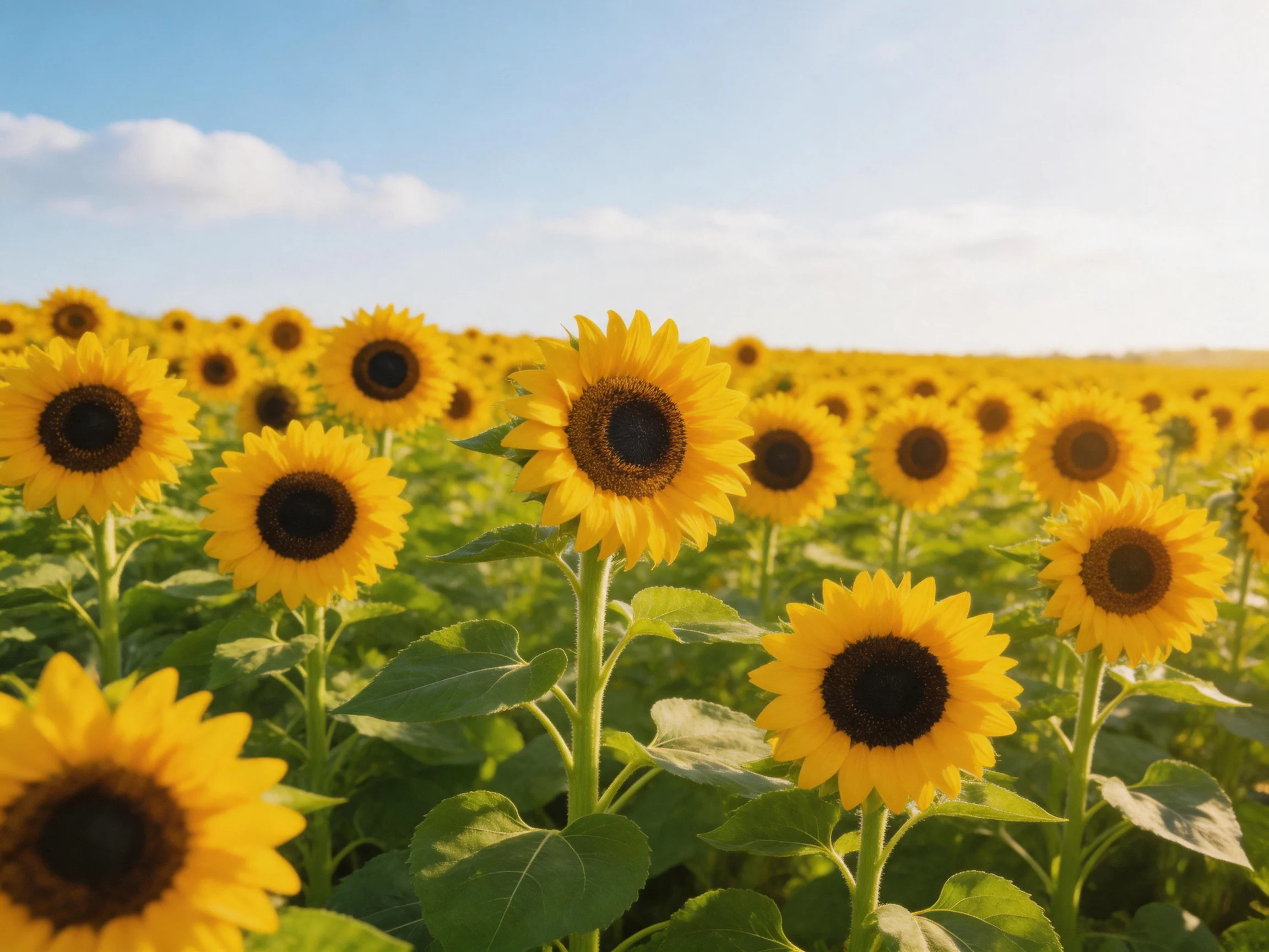 Vast field filled with vibrant yellow sunflowers beneath blue sky