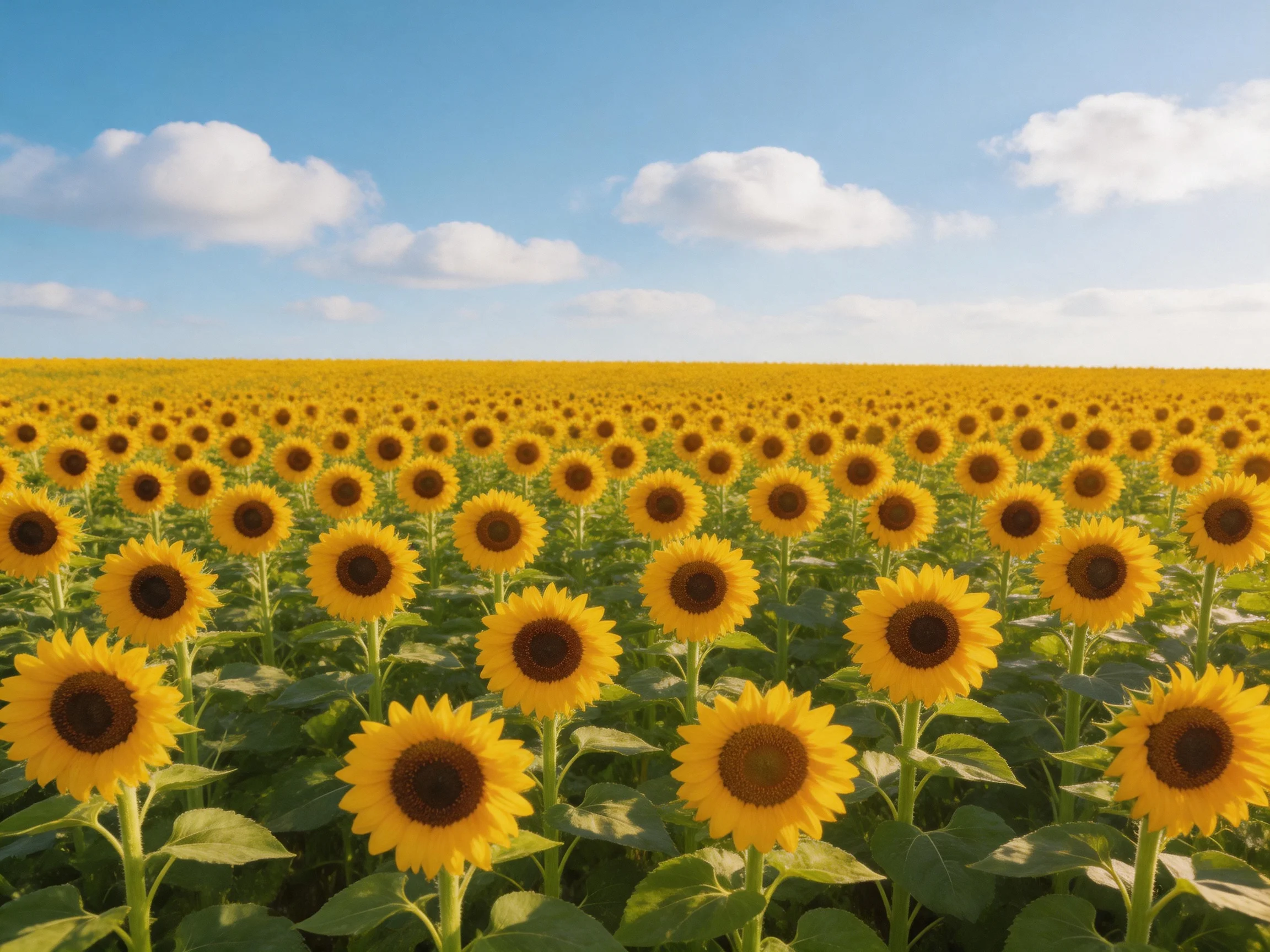 Vast field of bright yellow sunflowers under clear blue sky