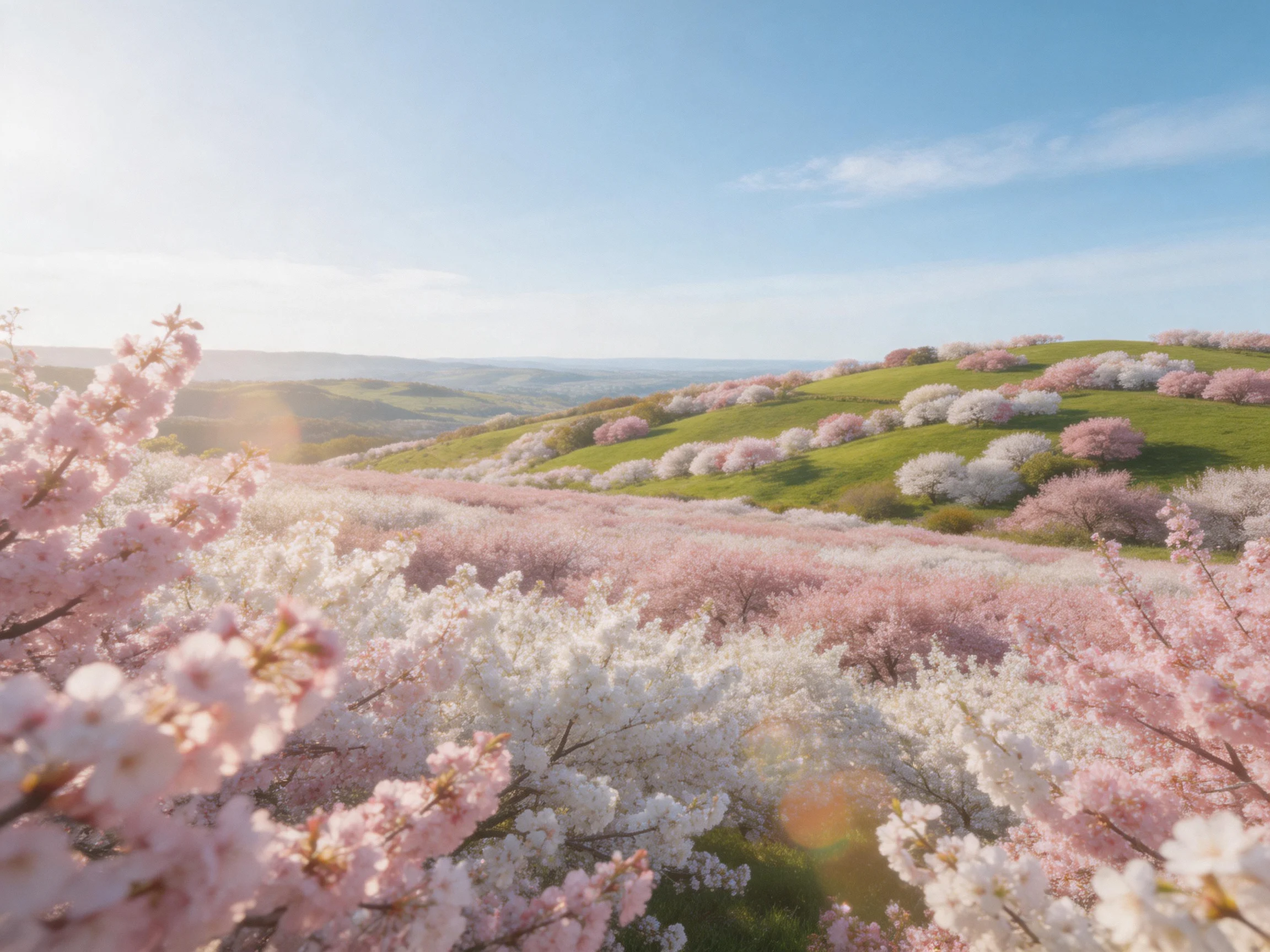 Vast field of pink and white cherry blossoms on rolling green hills