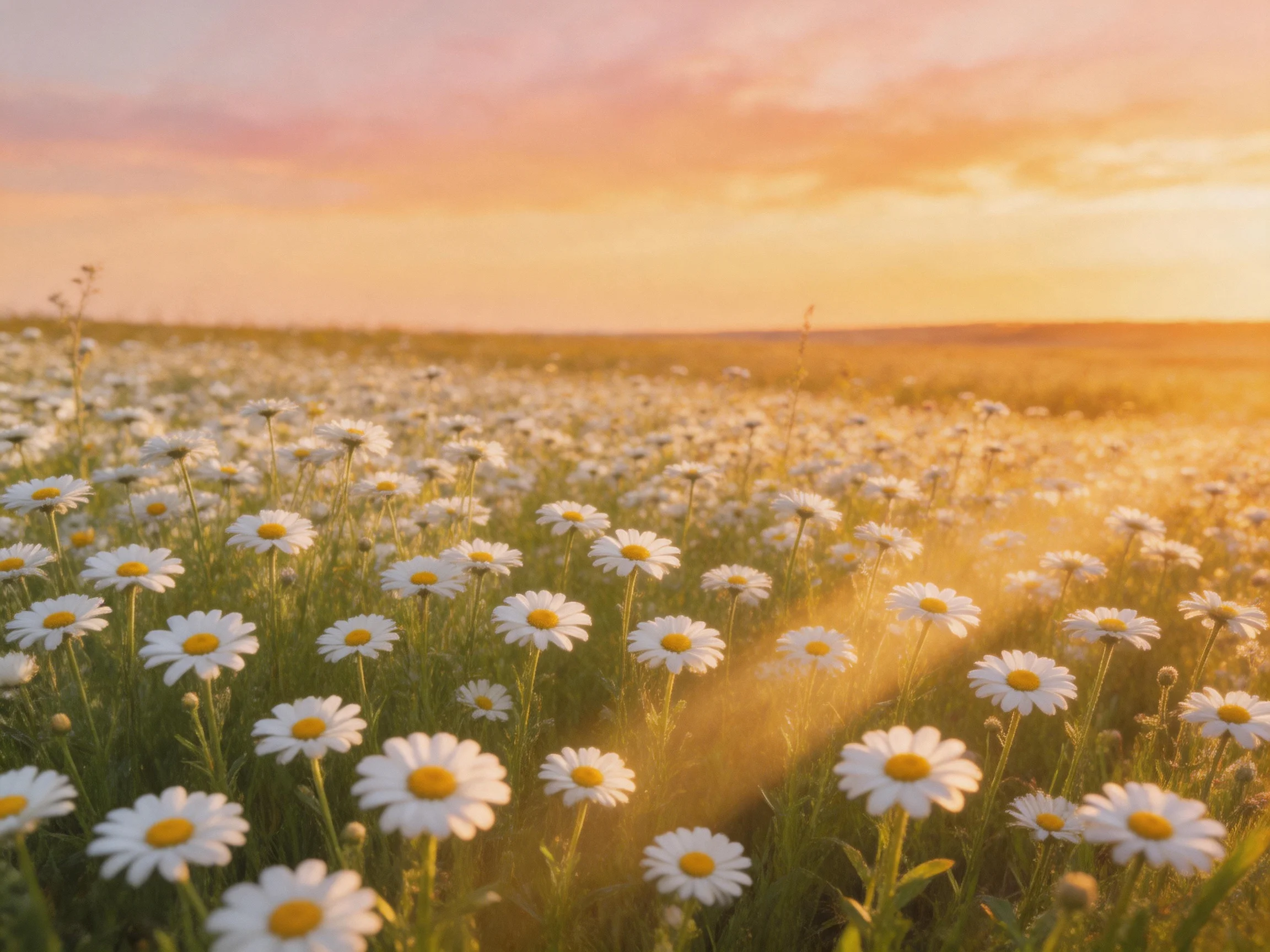 Vast field of white daisies beneath a golden sunset sky