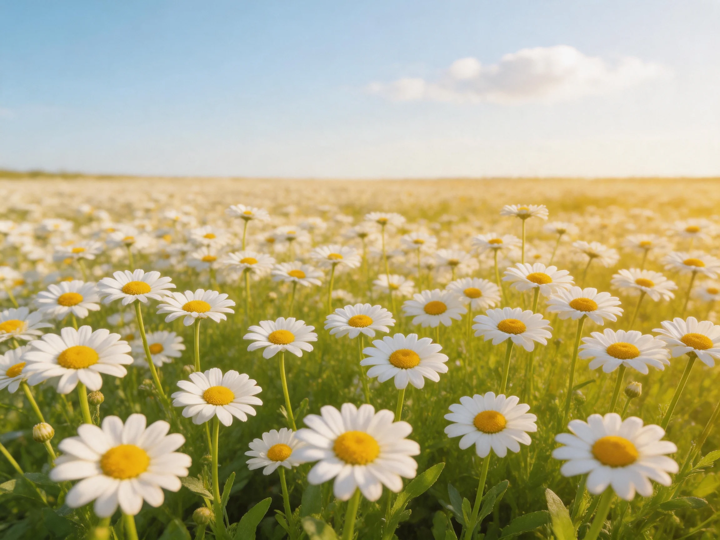Vast field of white daisies with yellow centers under clear blue sky