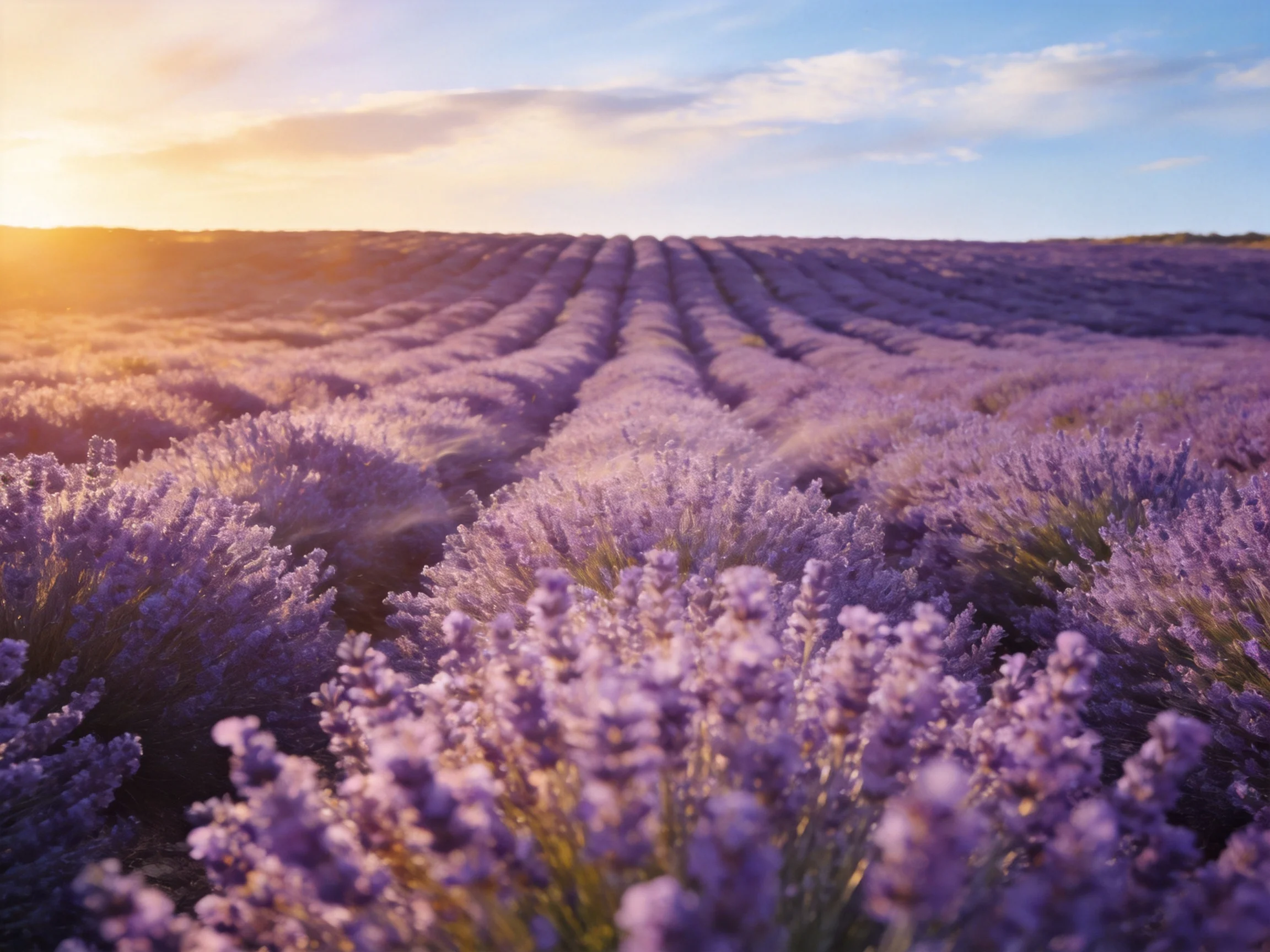 Vast lavender field under golden sunset illumination
