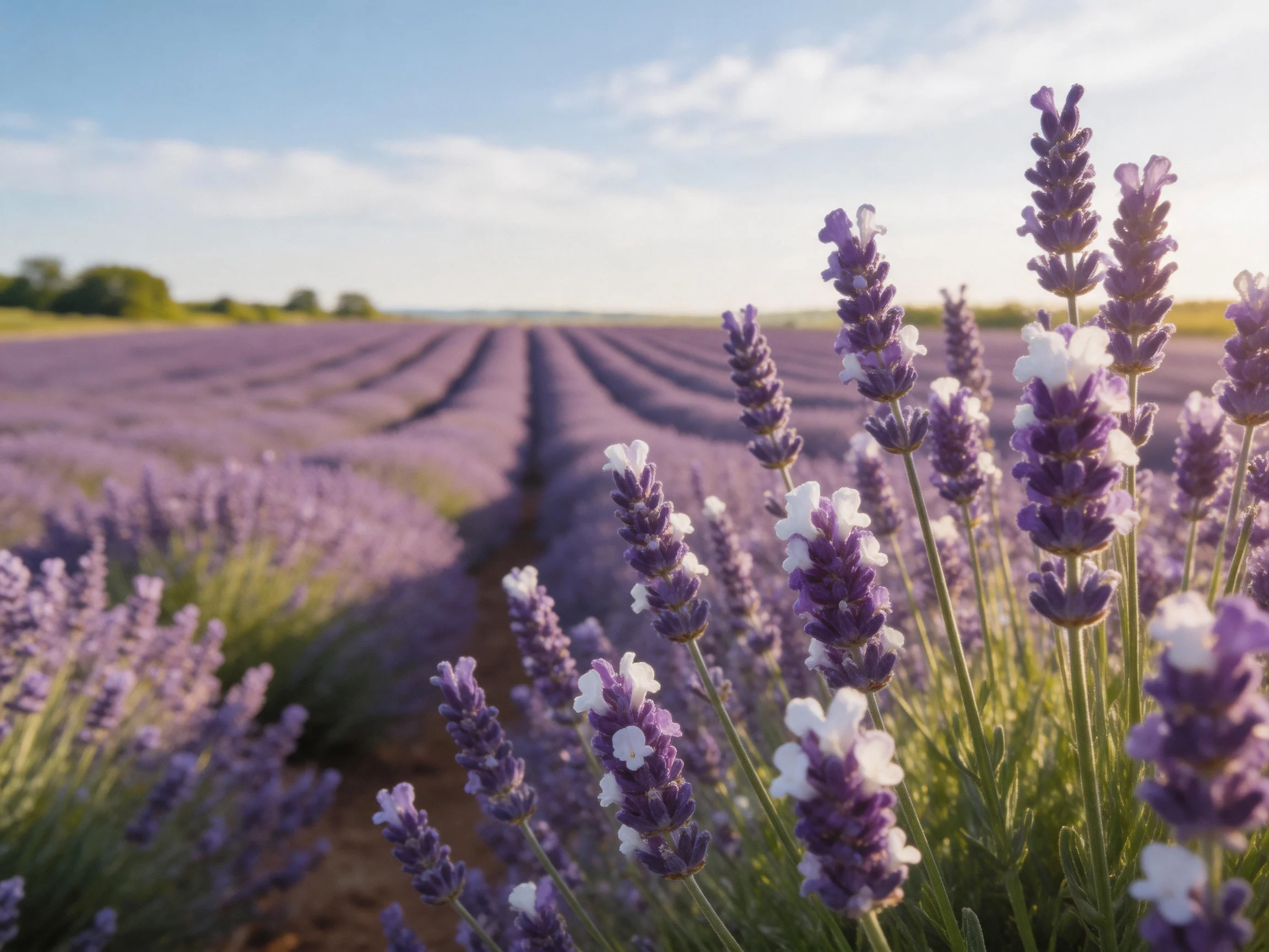 Vast lavender field with purple blooms stretching into the distance