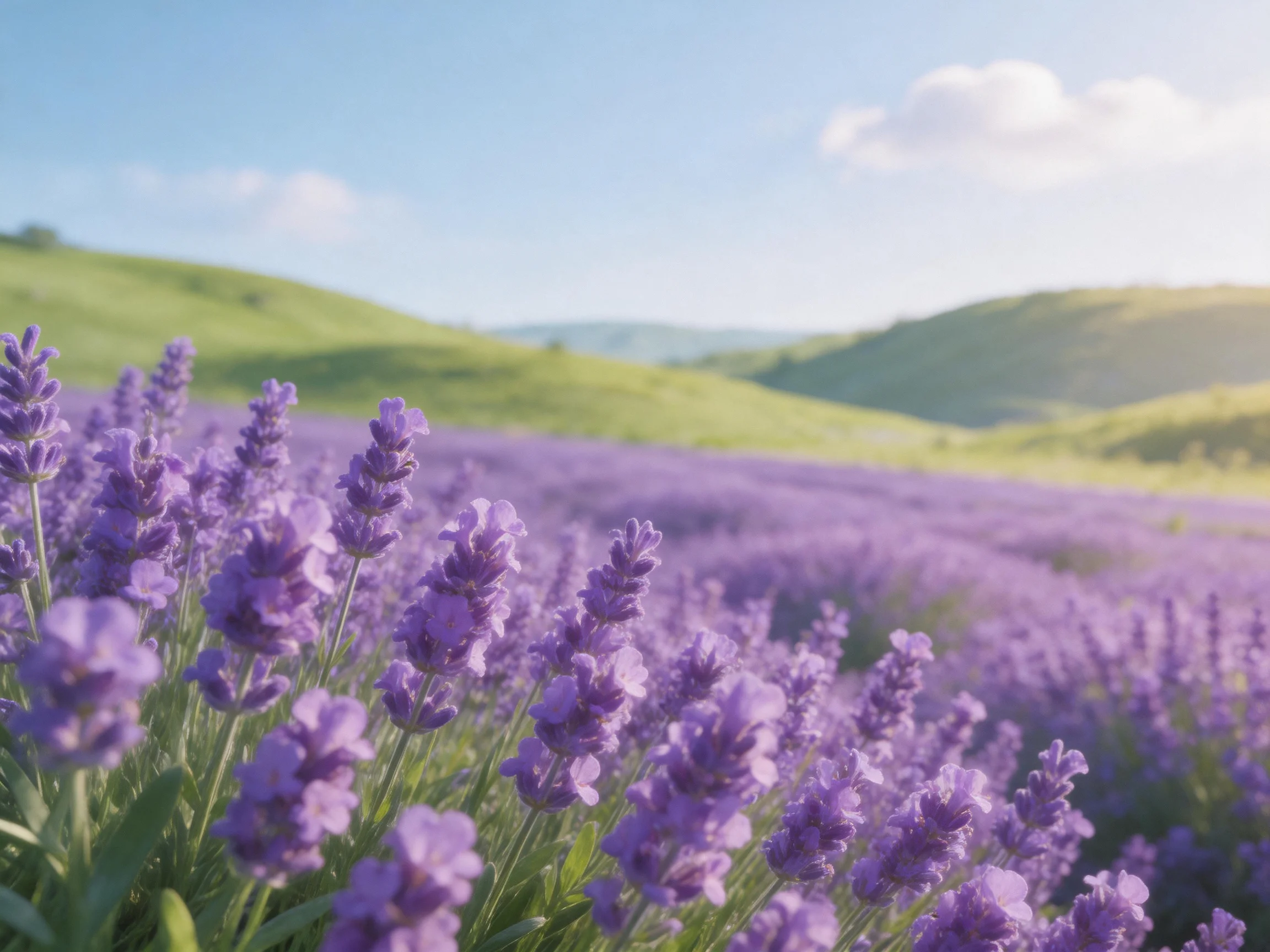 Vast lavender field with rolling green hills under bright sky