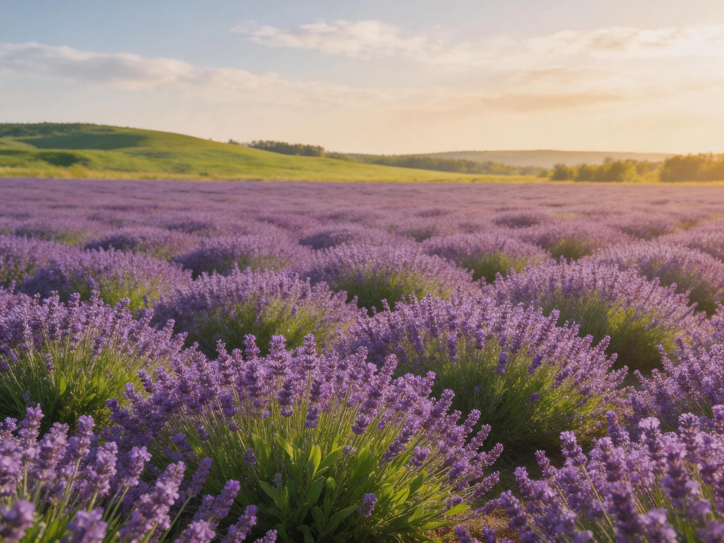 Vast lavender field with rolling green hills under golden sunset