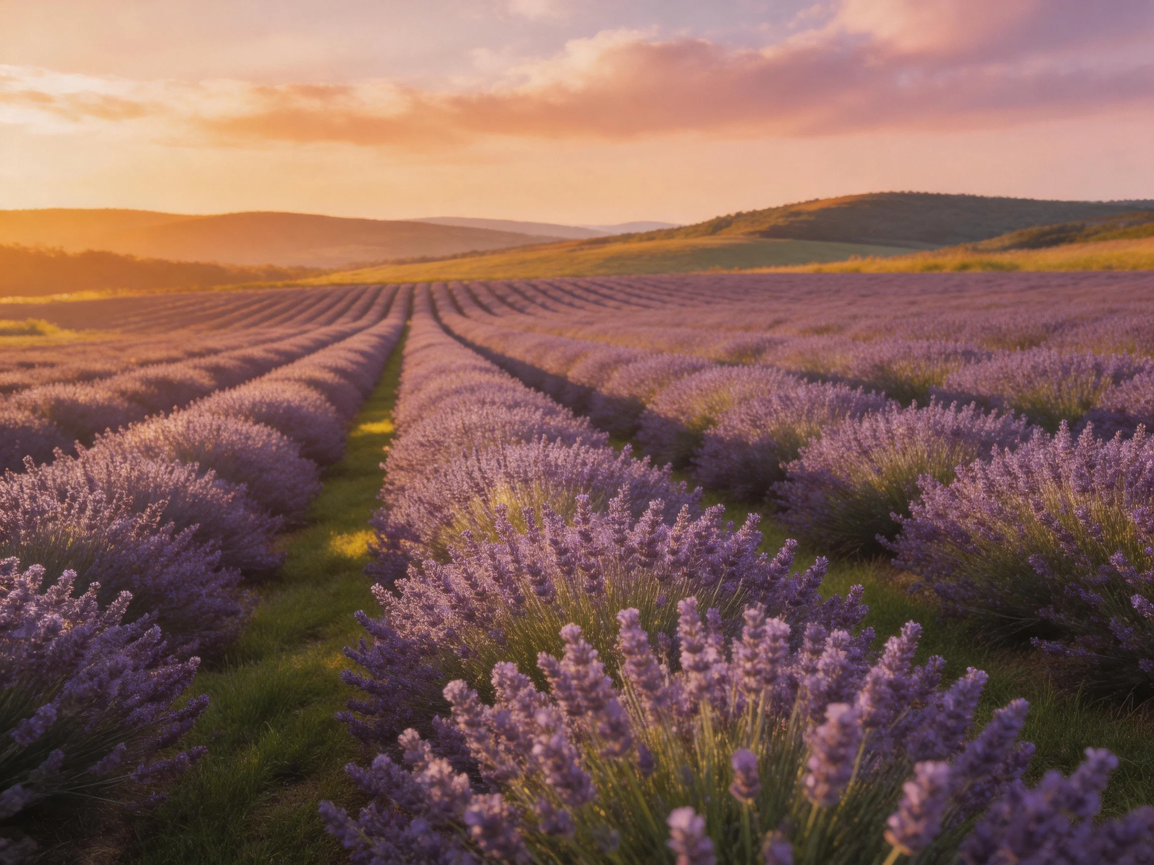 Vast lavender fields bathed in golden sunset light